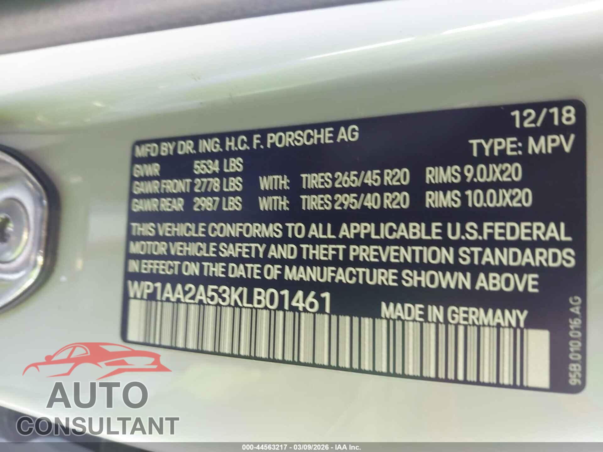 PORSCHE MACAN 2019 - WP1AA2A53KLB01461
