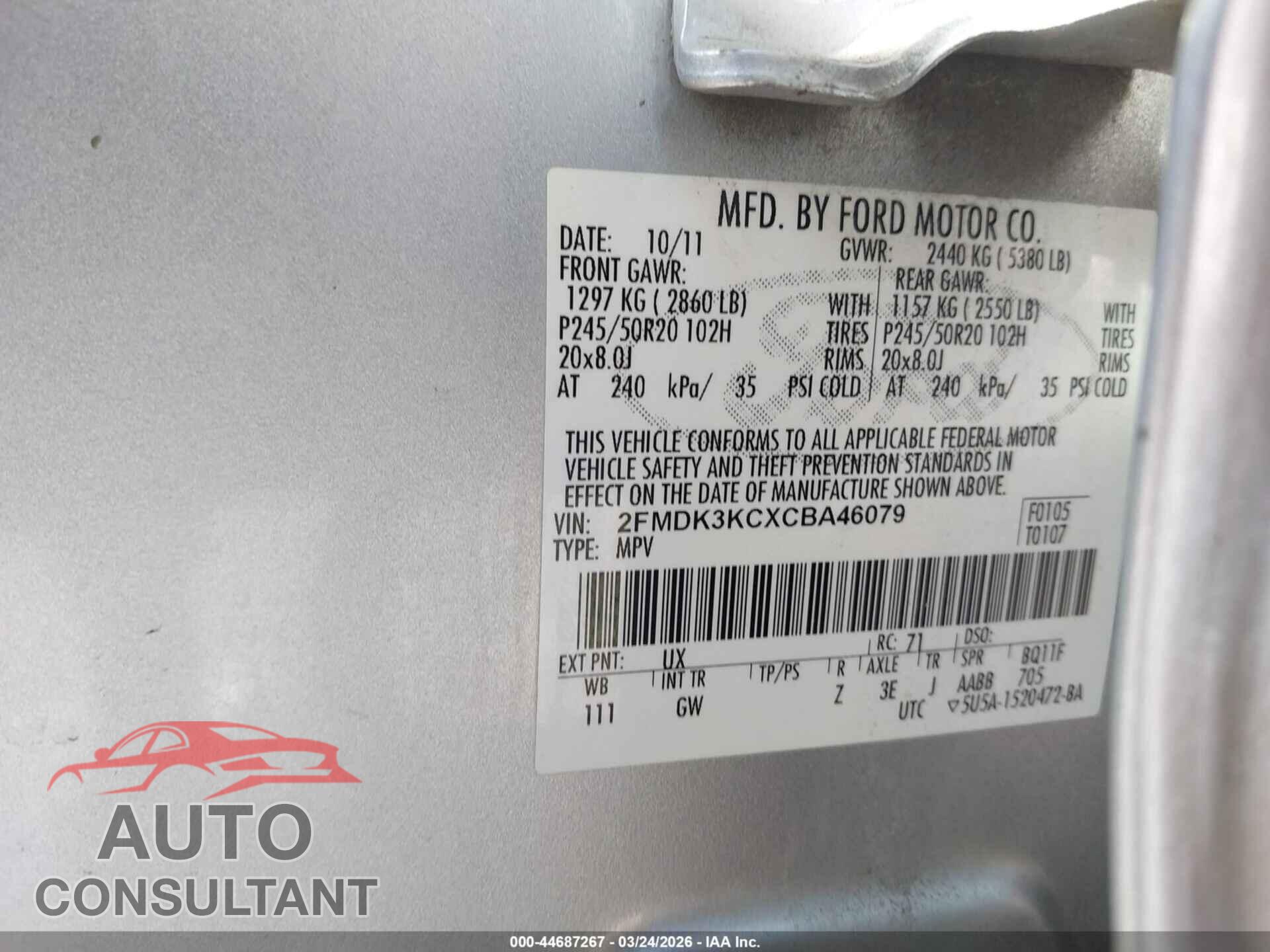 FORD EDGE 2012 - 2FMDK3KCXCBA46079