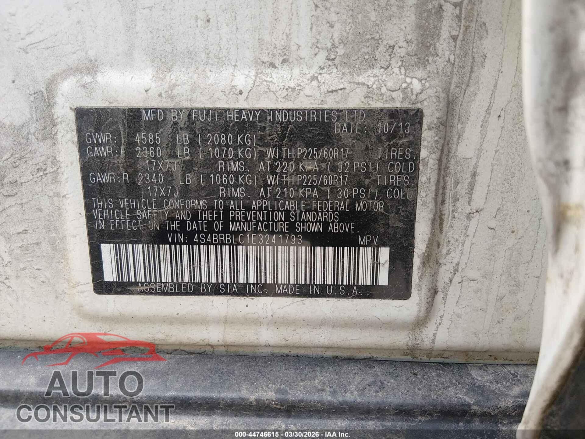 SUBARU OUTBACK 2014 - 4S4BRBLC1E3241793