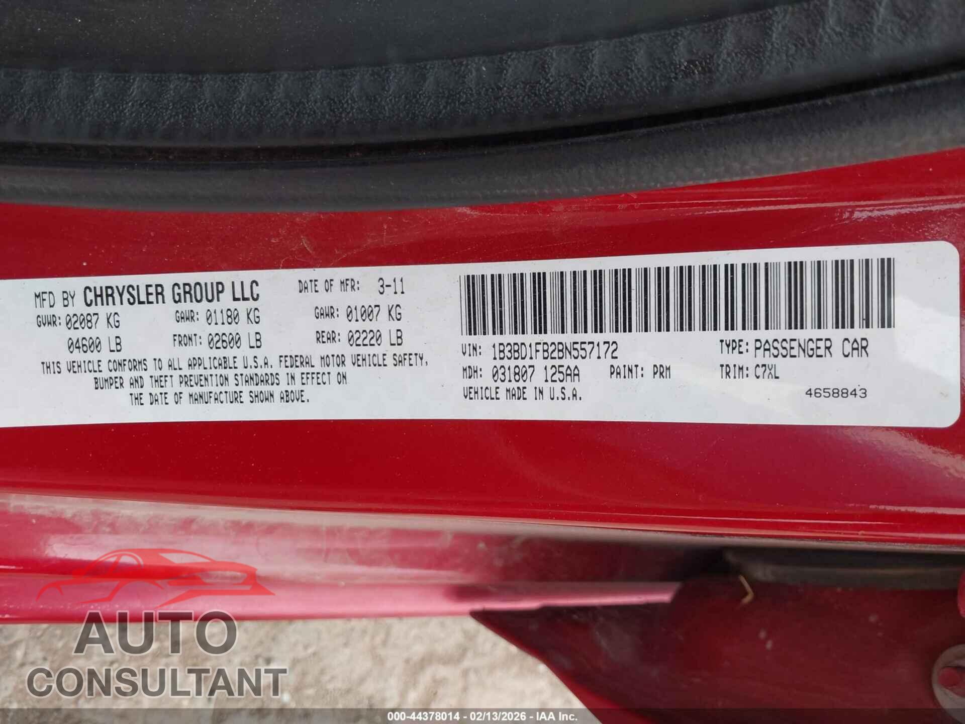 DODGE AVENGER 2011 - 1B3BD1FB2BN557172