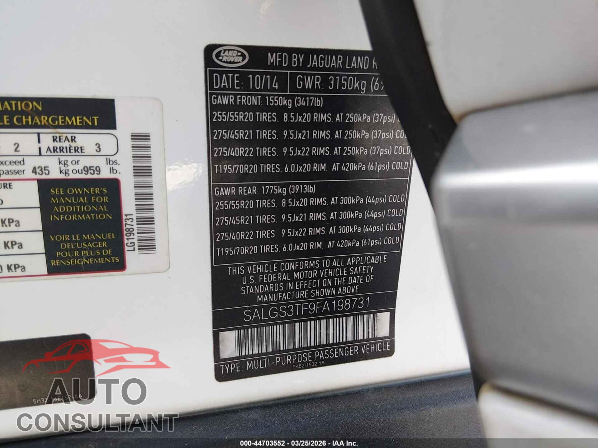 LAND ROVER RANGE ROVER 2015 - SALGS3TF9FA198731