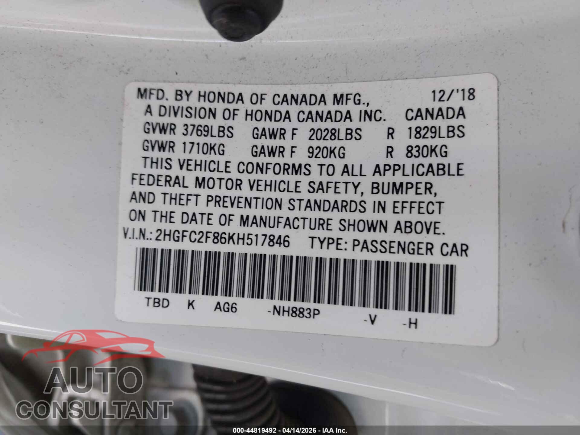 HONDA CIVIC 2019 - 2HGFC2F86KH517846