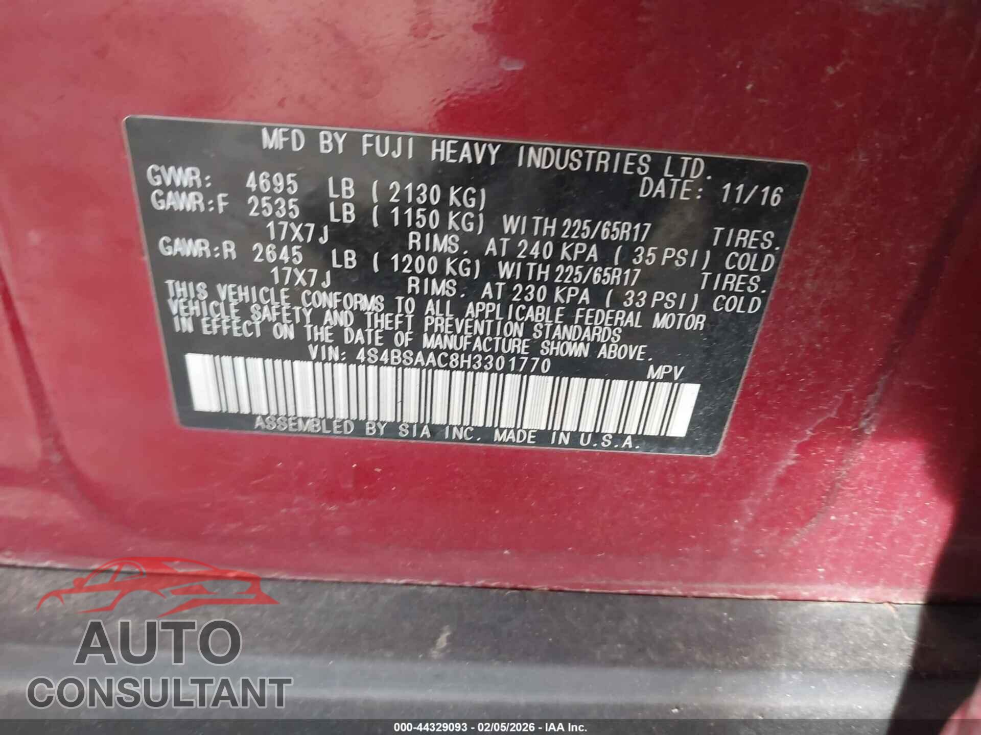 SUBARU OUTBACK 2017 - 4S4BSAAC8H3301770
