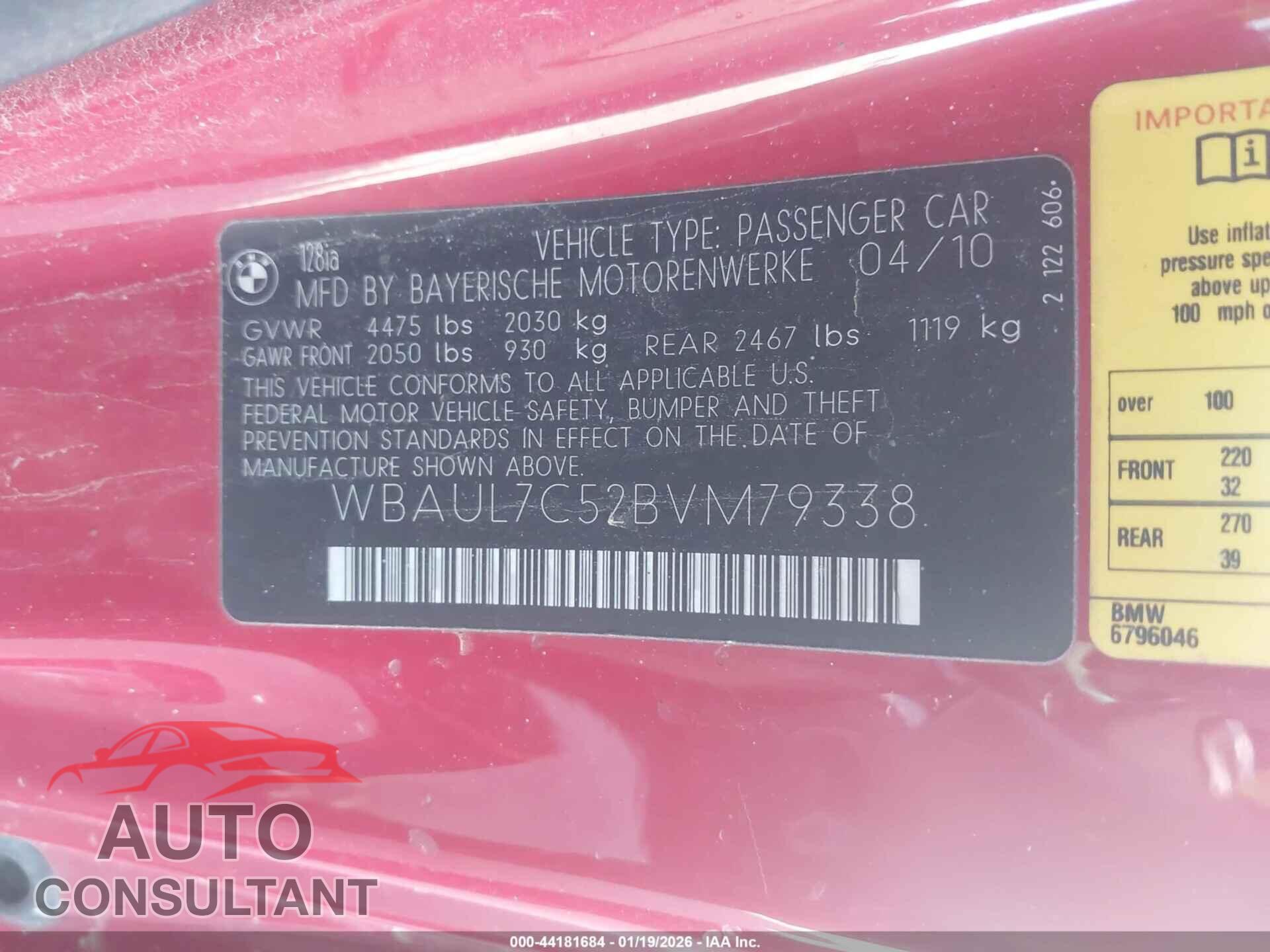 BMW 128I 2011 - WBAUL7C52BVM79338