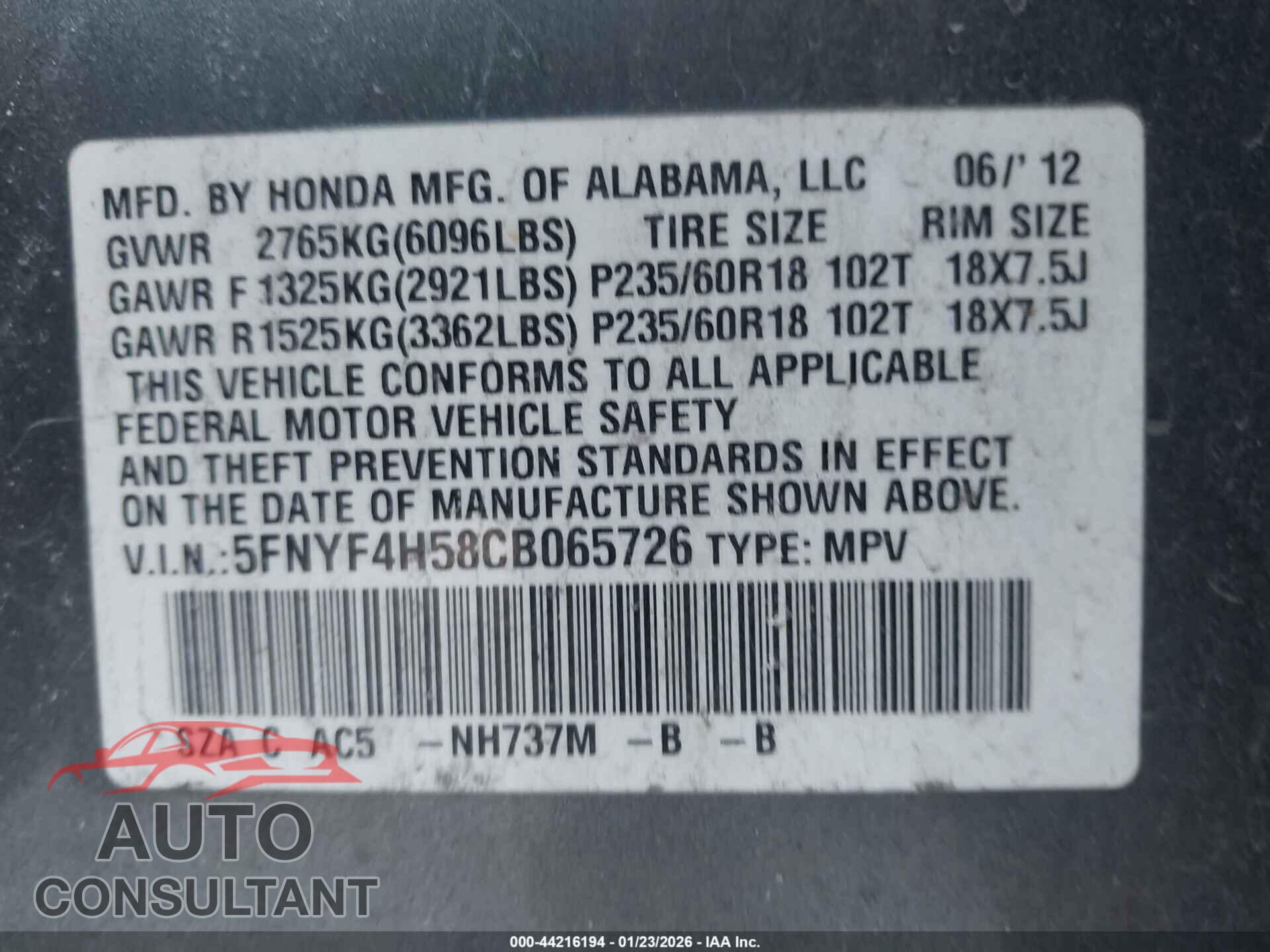 HONDA PILOT 2012 - 5FNYF4H58CB065726
