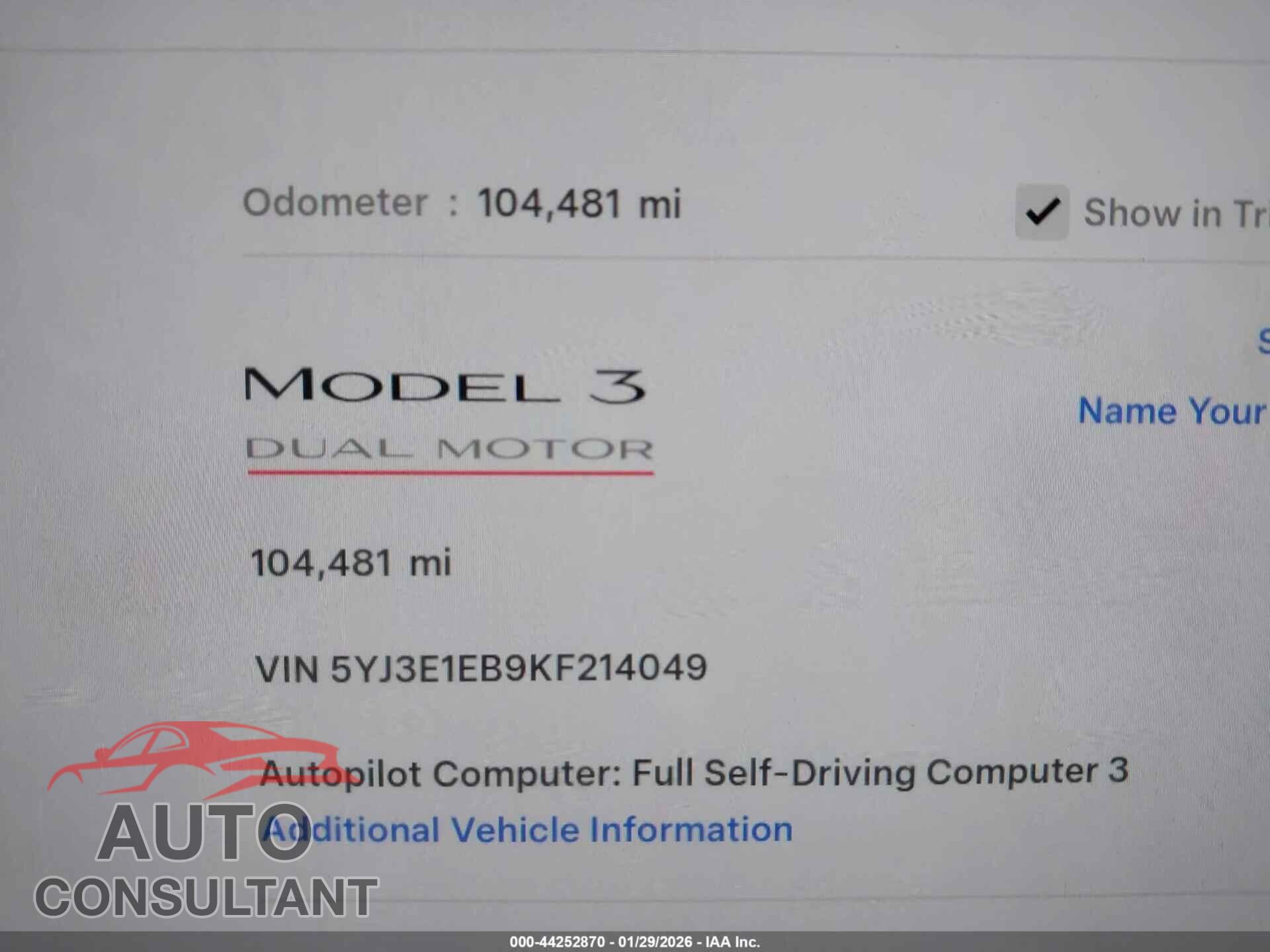 TESLA MODEL 3 2019 - 5YJ3E1EB9KF214049