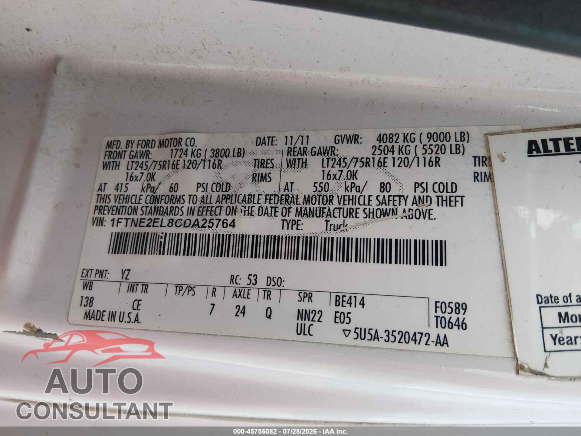 FORD E-250 2012 - 1FTNE2EL8CDA25764