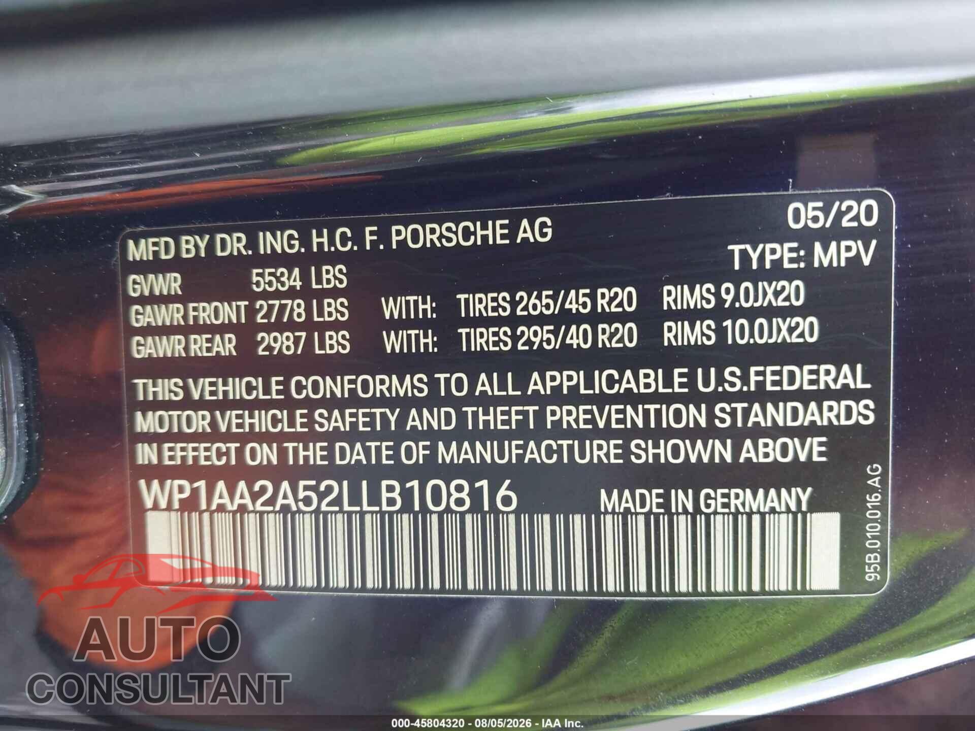 PORSCHE MACAN 2020 - WP1AA2A52LLB10816