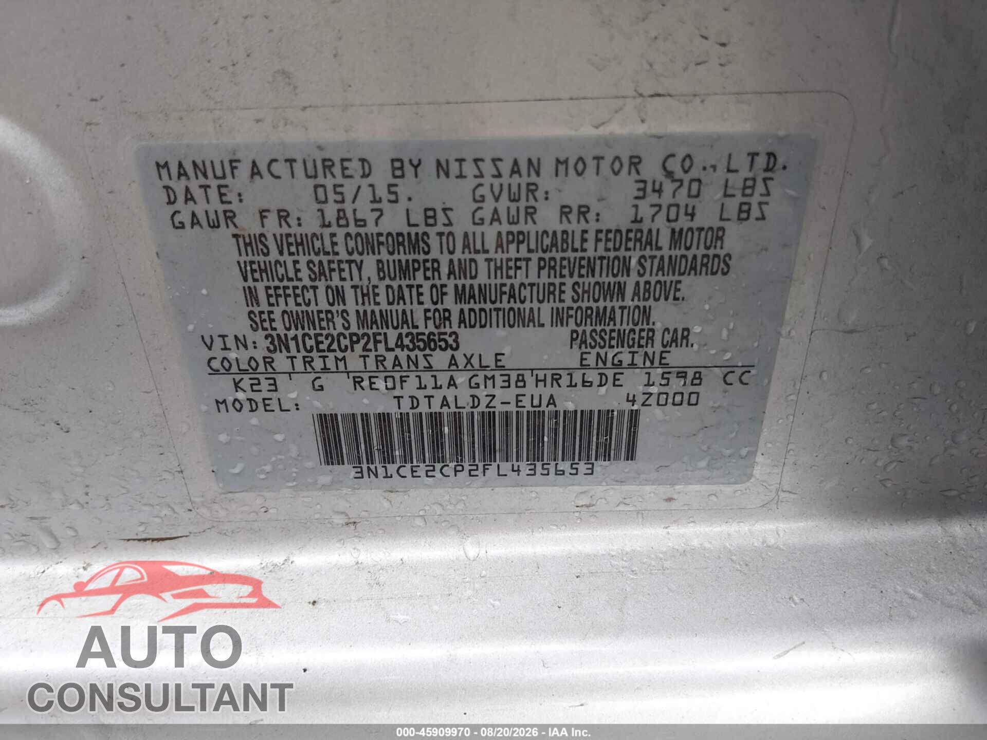 NISSAN VERSA NOTE 2015 - 3N1CE2CP2FL435653