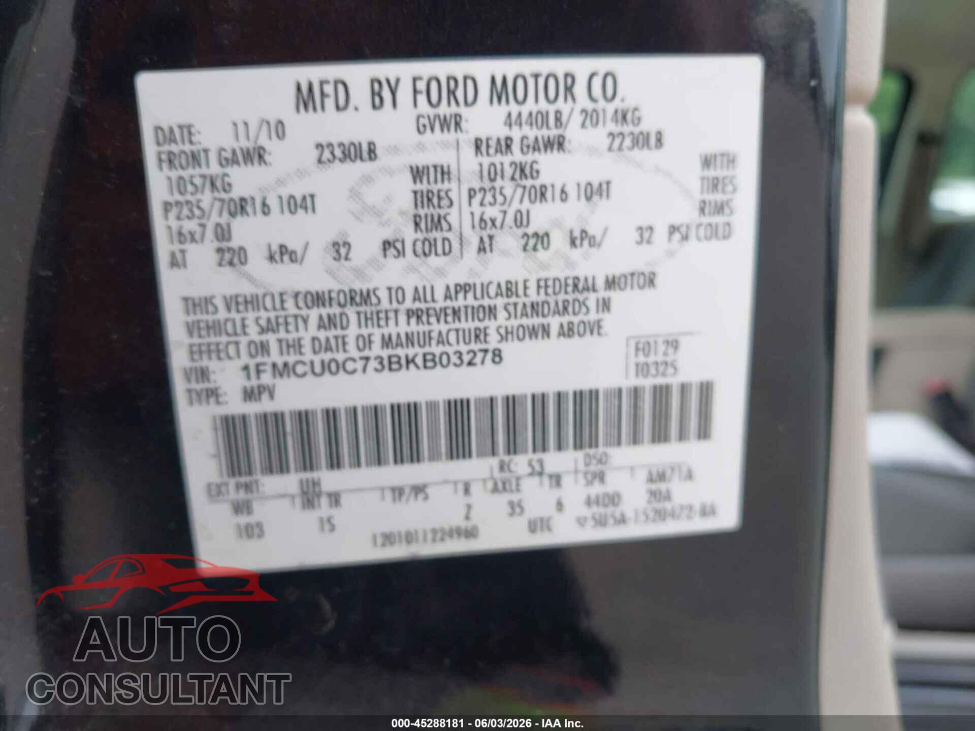 FORD ESCAPE 2011 - 1FMCU0C73BKB03278