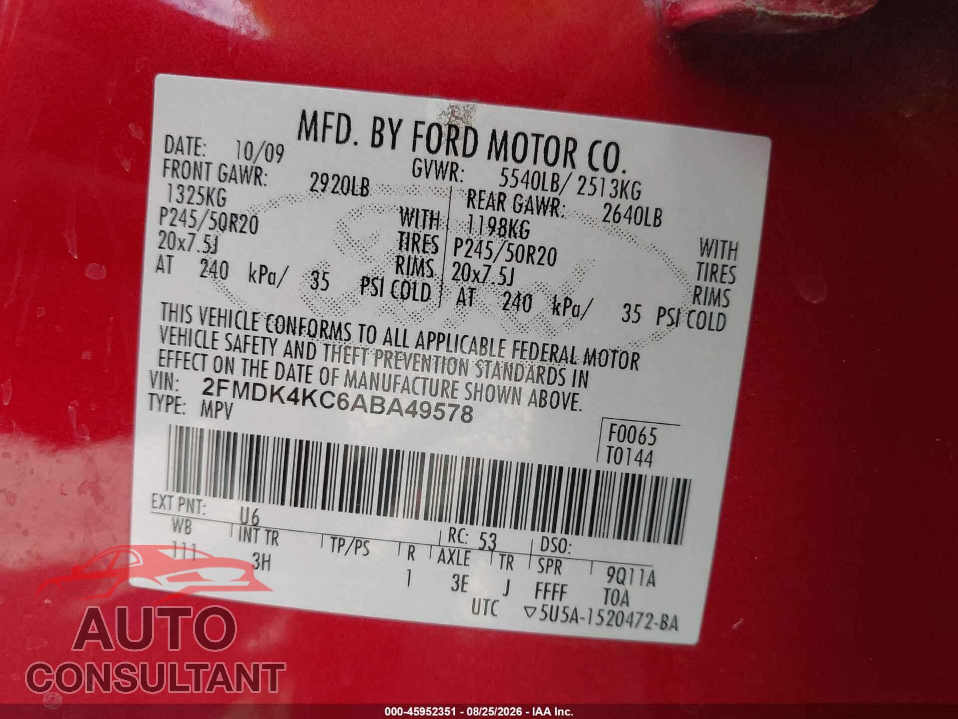 FORD EDGE 2010 - 2FMDK4KC6ABA49578