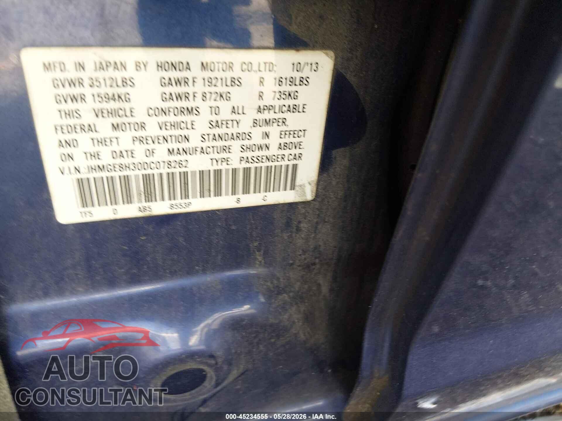 HONDA FIT 2013 - JHMGE8H30DC078262