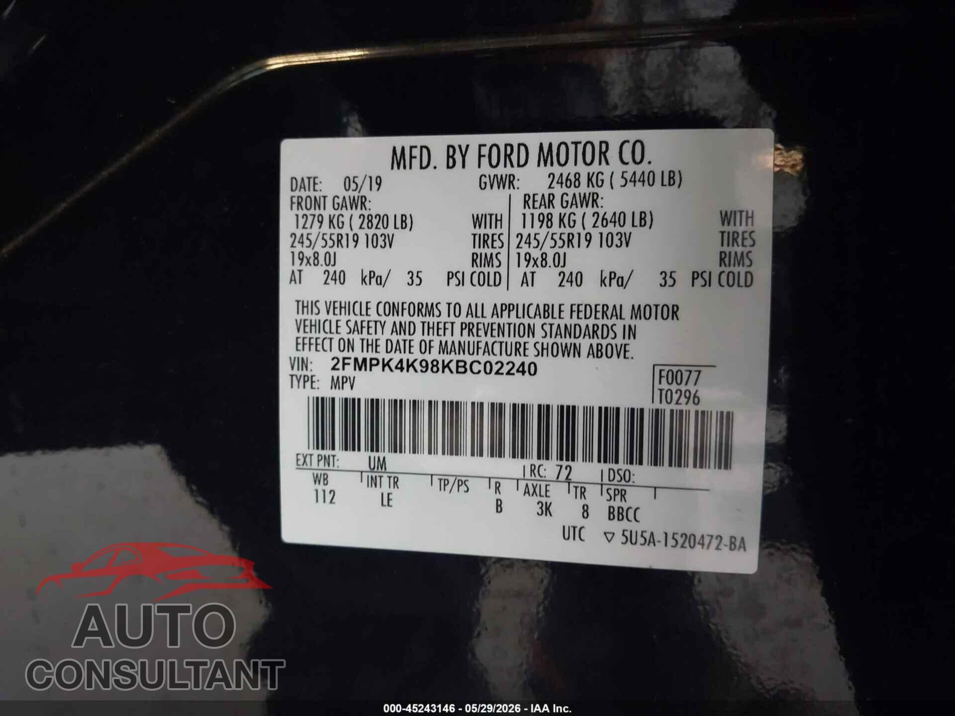 FORD EDGE 2019 - 2FMPK4K98KBC02240