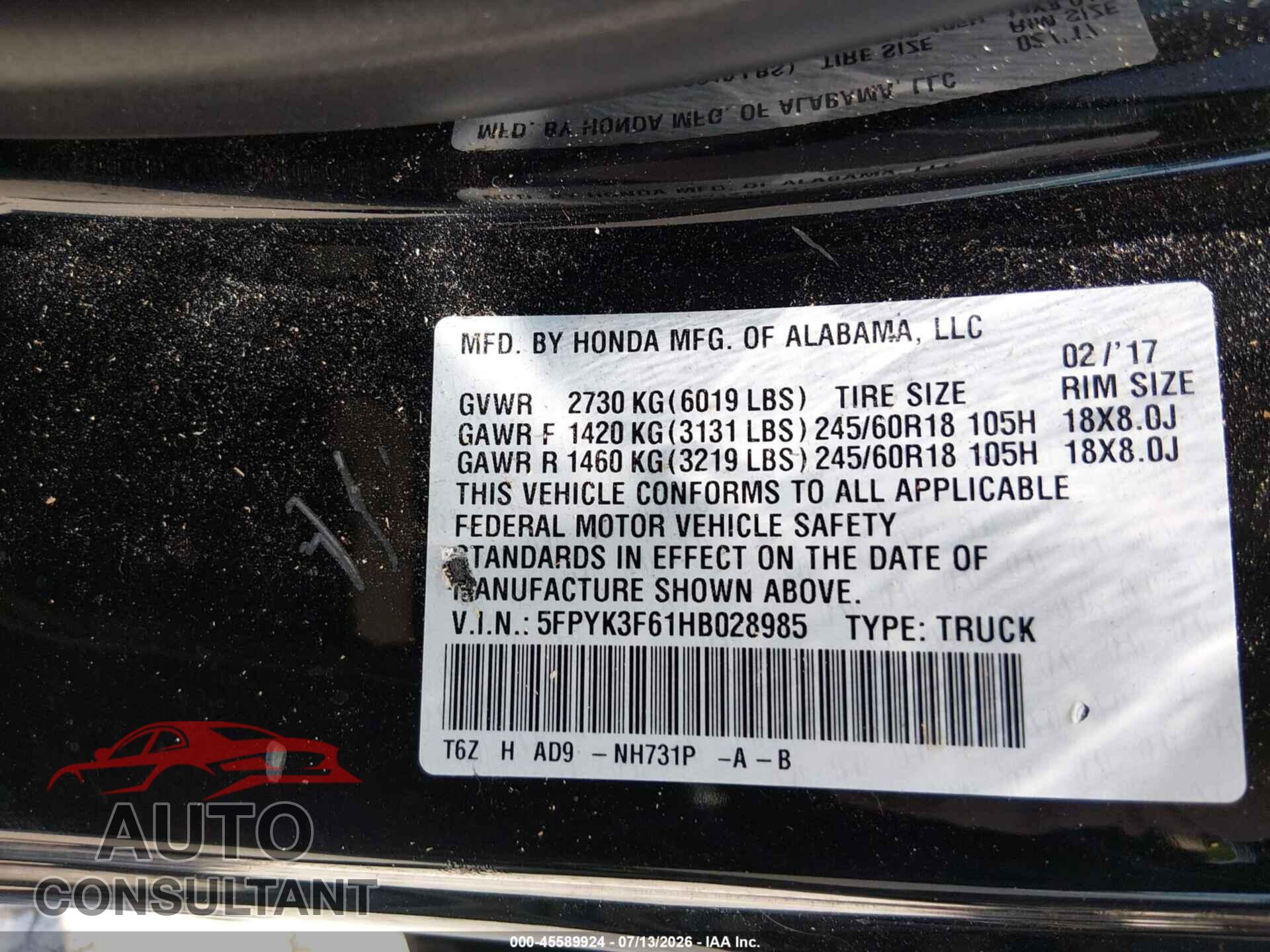 HONDA RIDGELINE 2017 - 5FPYK3F61HB028985