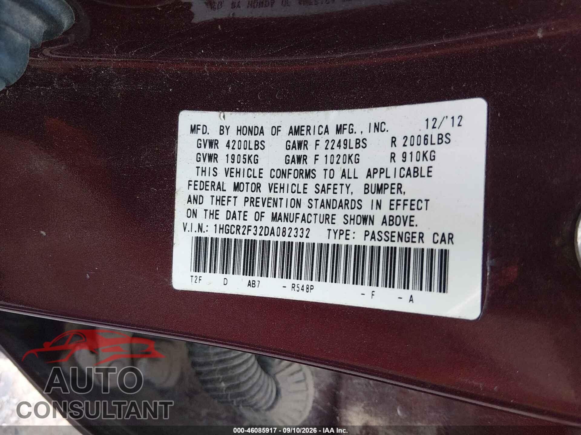 HONDA ACCORD 2013 - 1HGCR2F32DA082332
