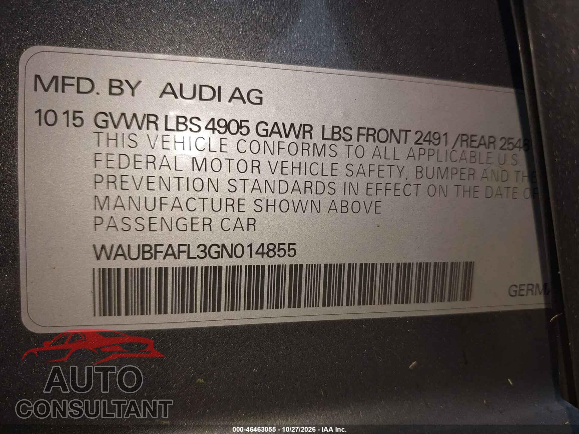 AUDI A4 2016 - WAUBFAFL3GN014855