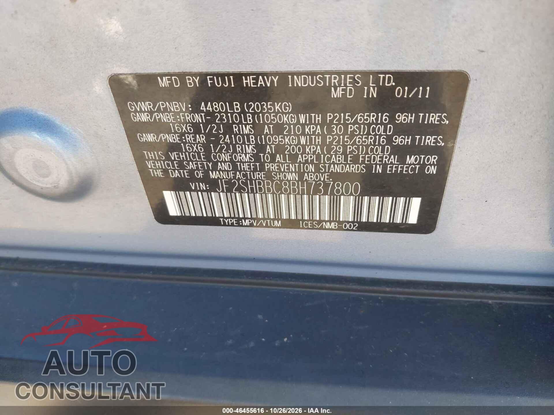 SUBARU FORESTER 2011 - JF2SHBBC8BH737800