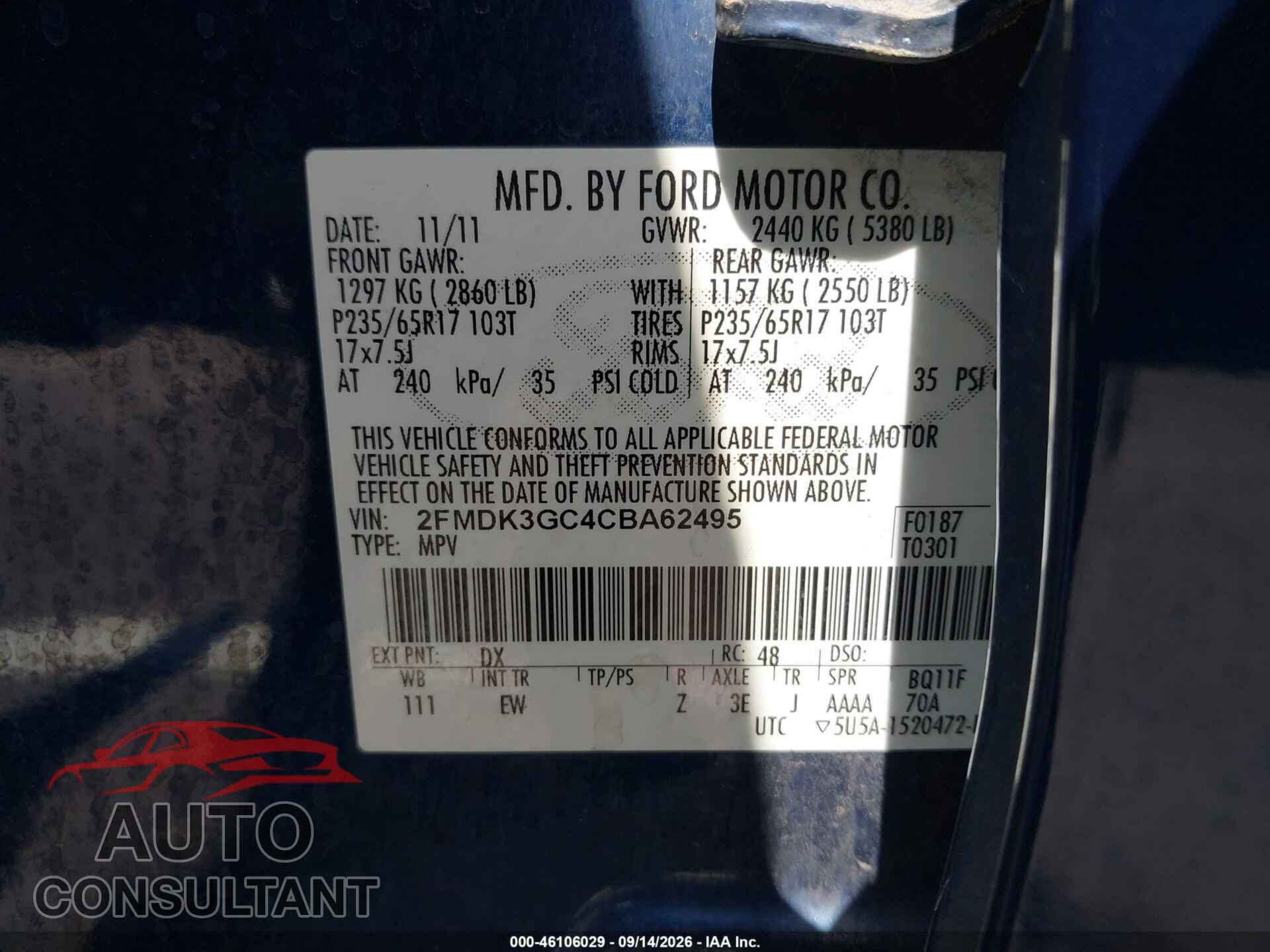 FORD EDGE 2012 - 2FMDK3GC4CBA62495