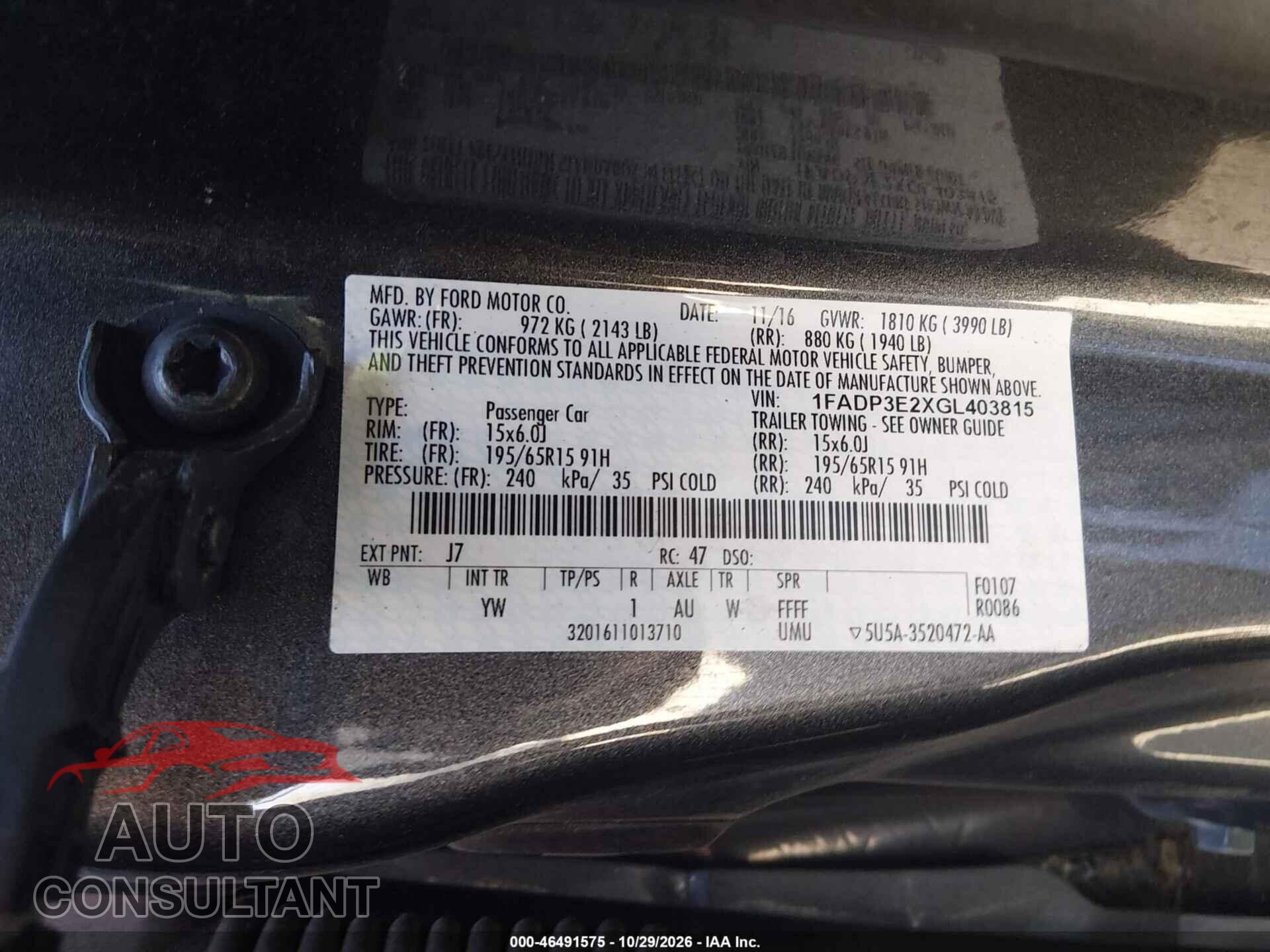 FORD FOCUS 2016 - 1FADP3E2XGL403815