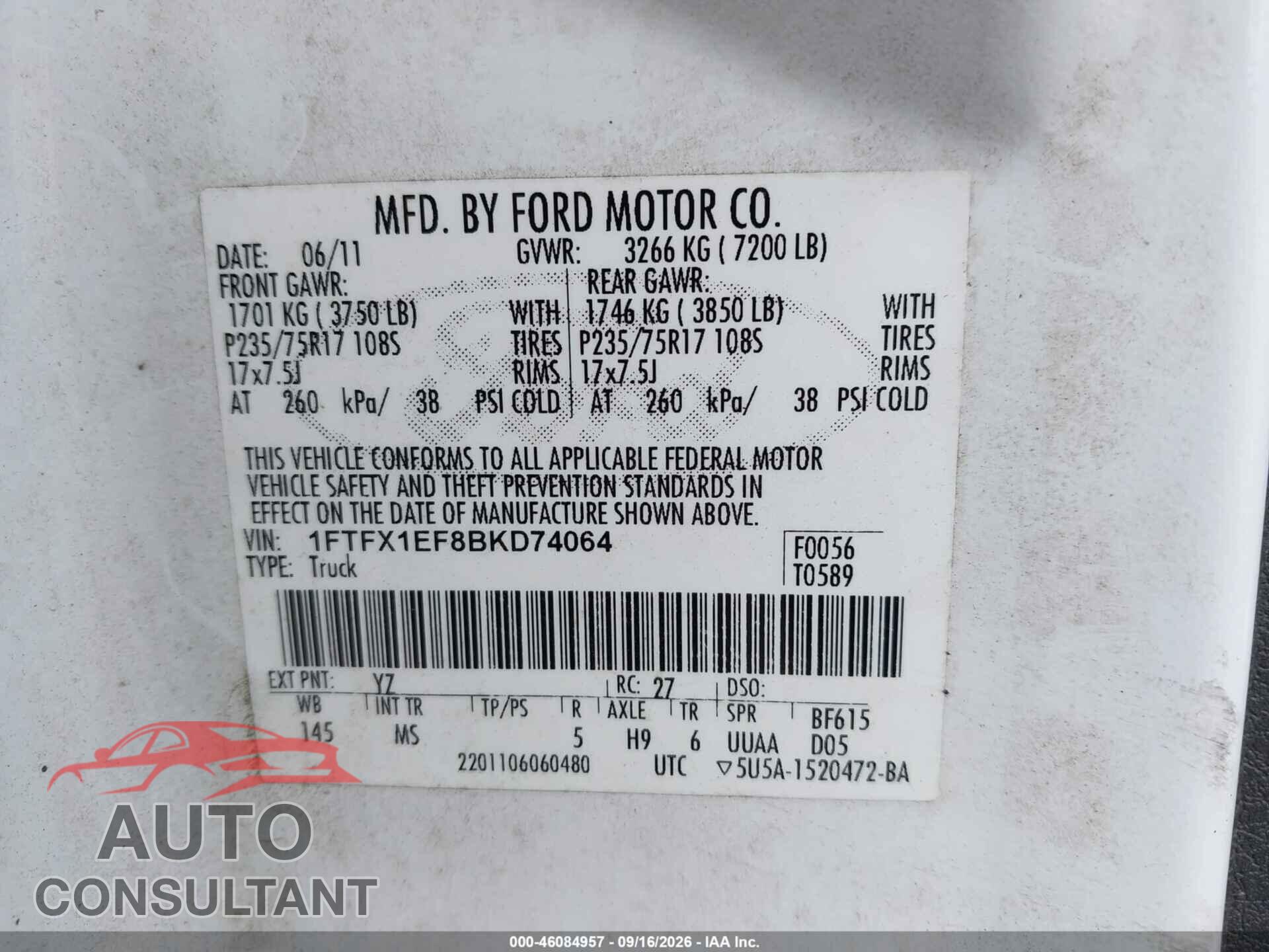 FORD F-150 2011 - 1FTFX1EF8BKD74064