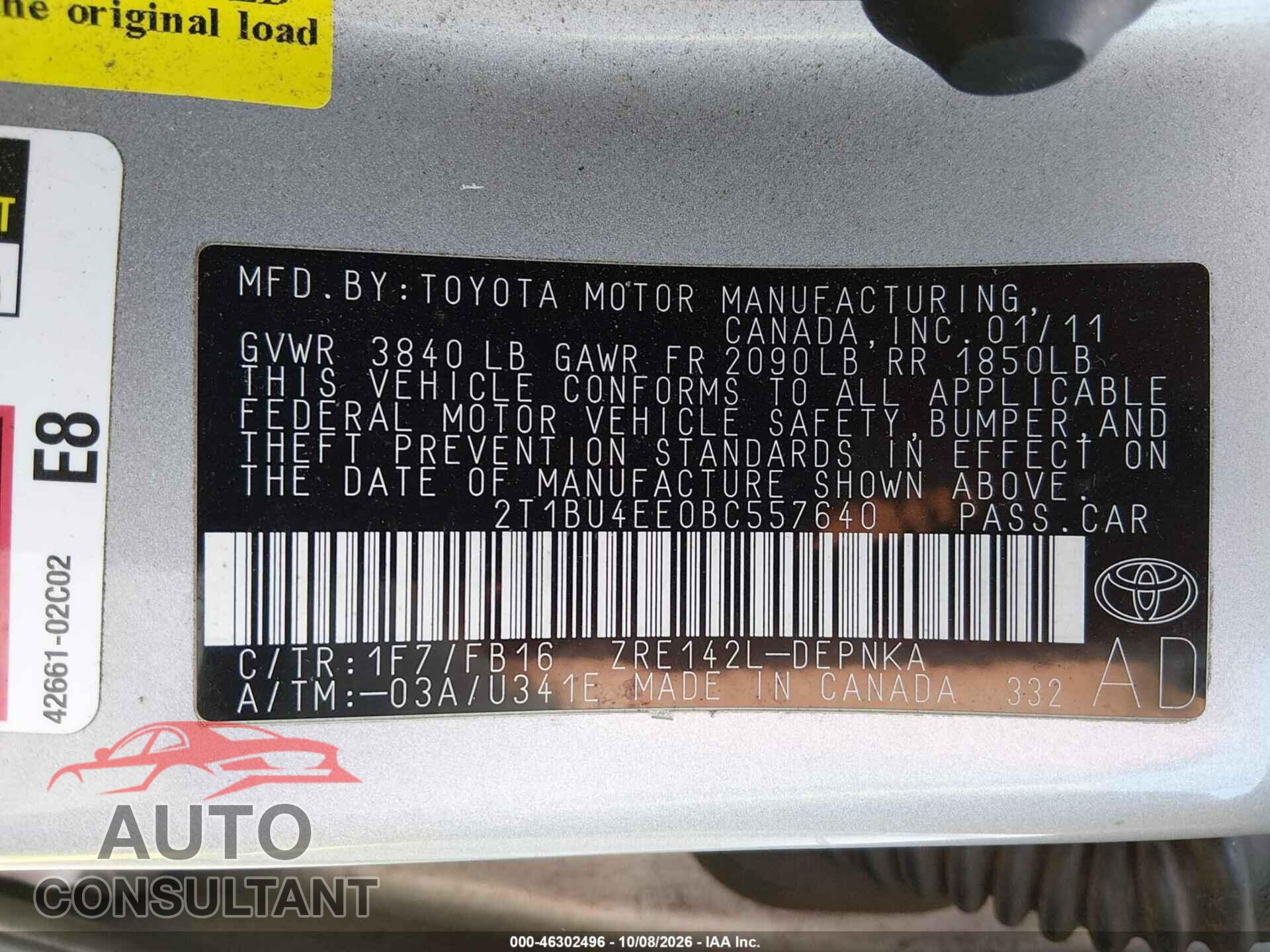 TOYOTA COROLLA 2011 - 2T1BU4EE0BC557640