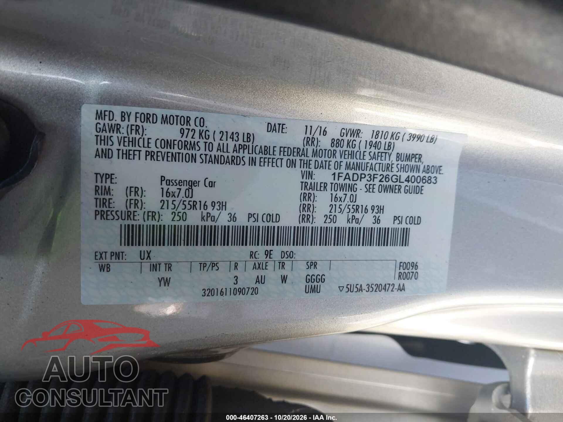 FORD FOCUS 2016 - 1FADP3F26GL400683
