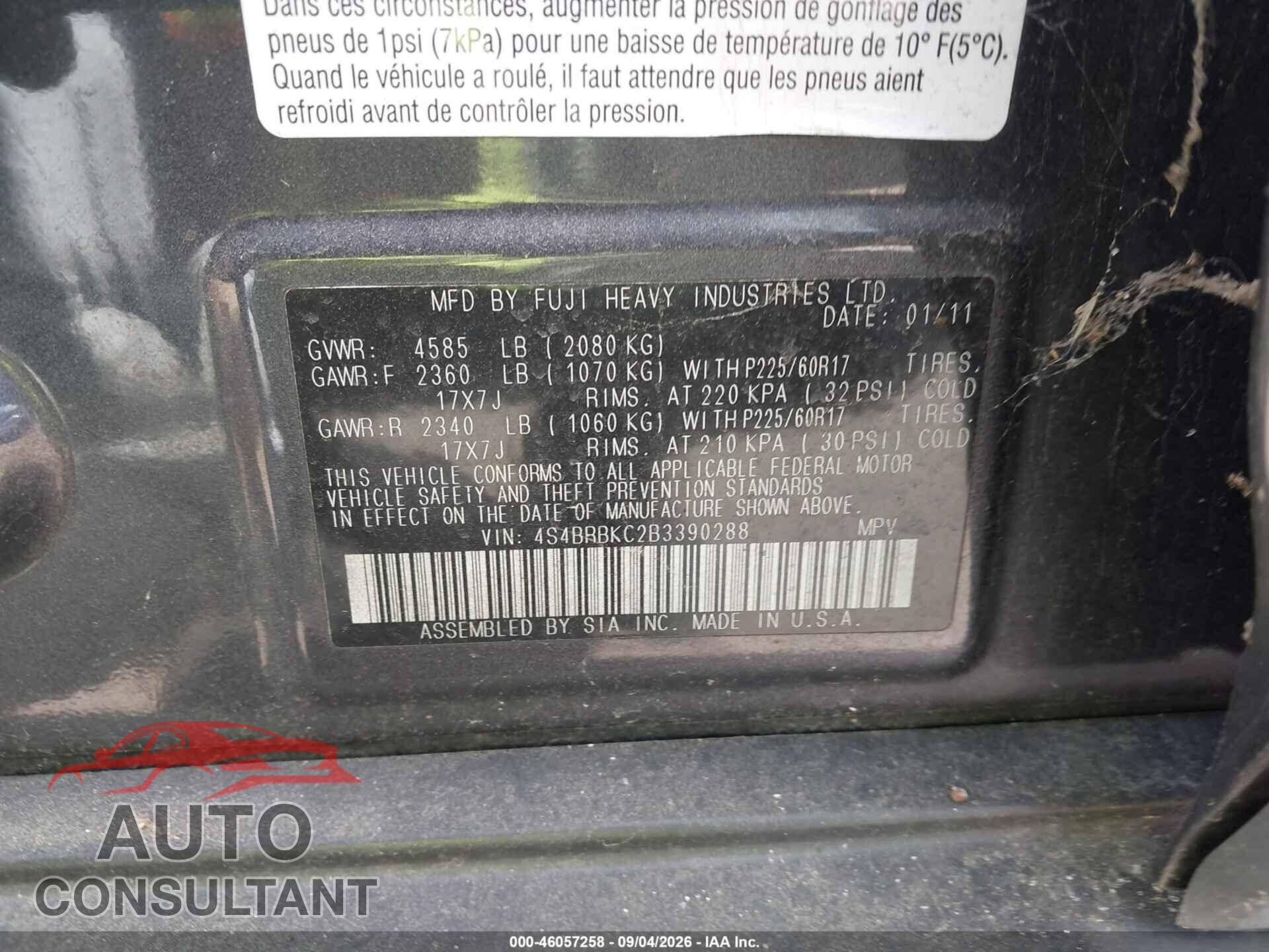SUBARU OUTBACK 2011 - 4S4BRBKC2B3390288