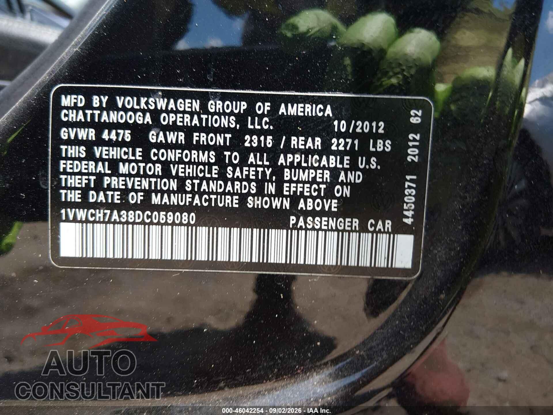 VOLKSWAGEN PASSAT 2013 - 1VWCH7A38DC059080