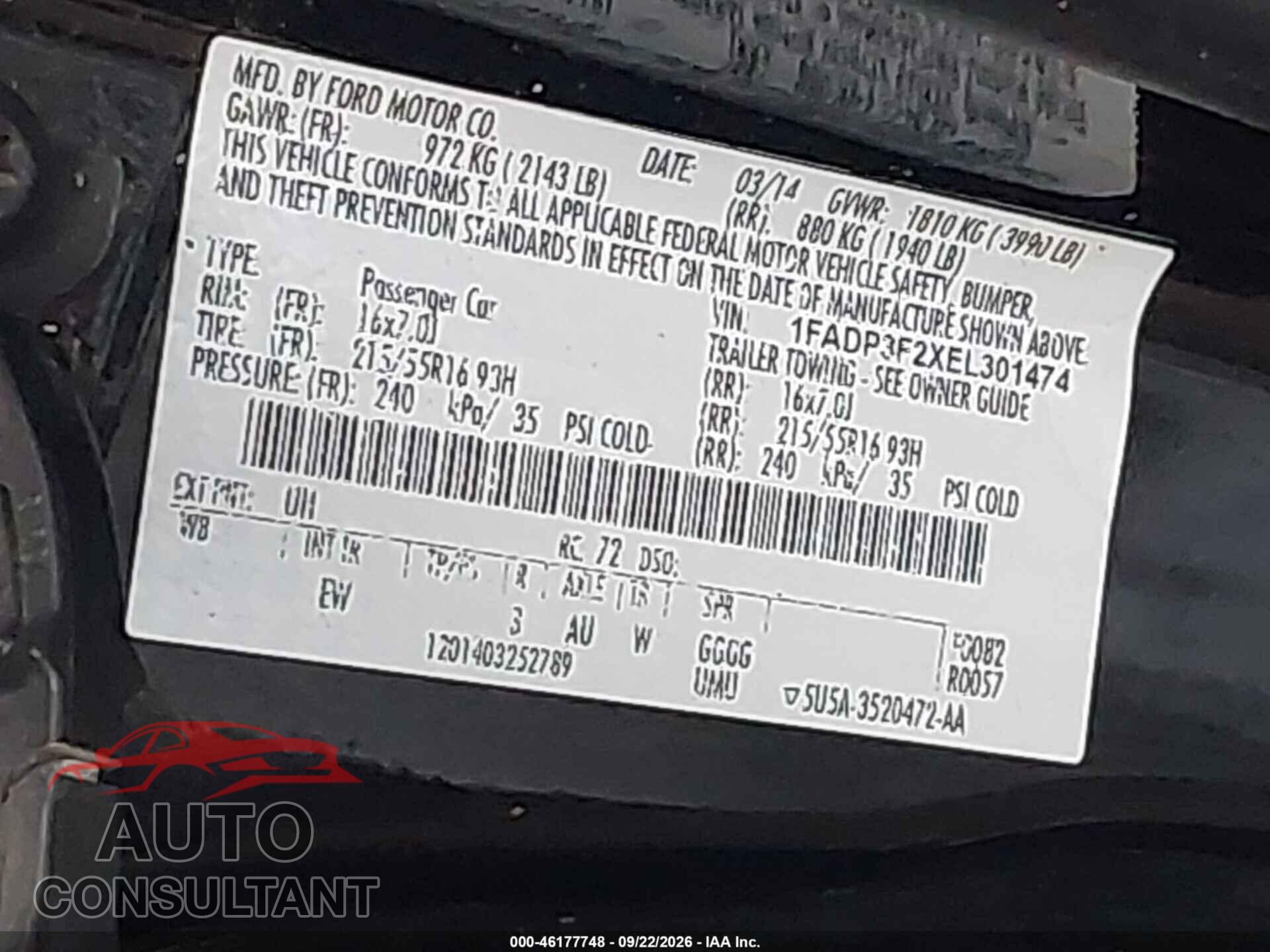 FORD FOCUS 2014 - 1FADP3F2XEL301474