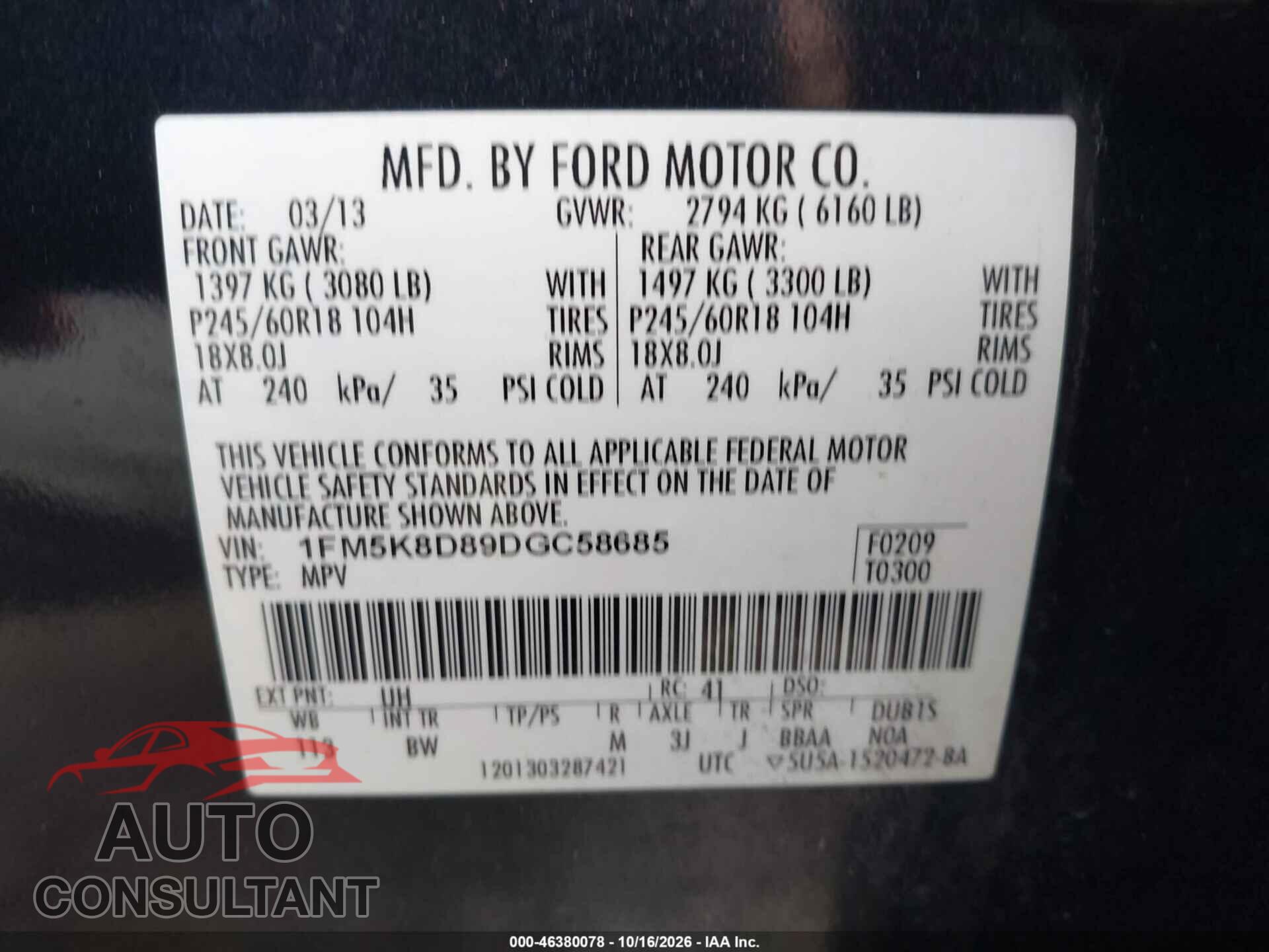 FORD EXPLORER 2013 - 1FM5K8D89DGC58685