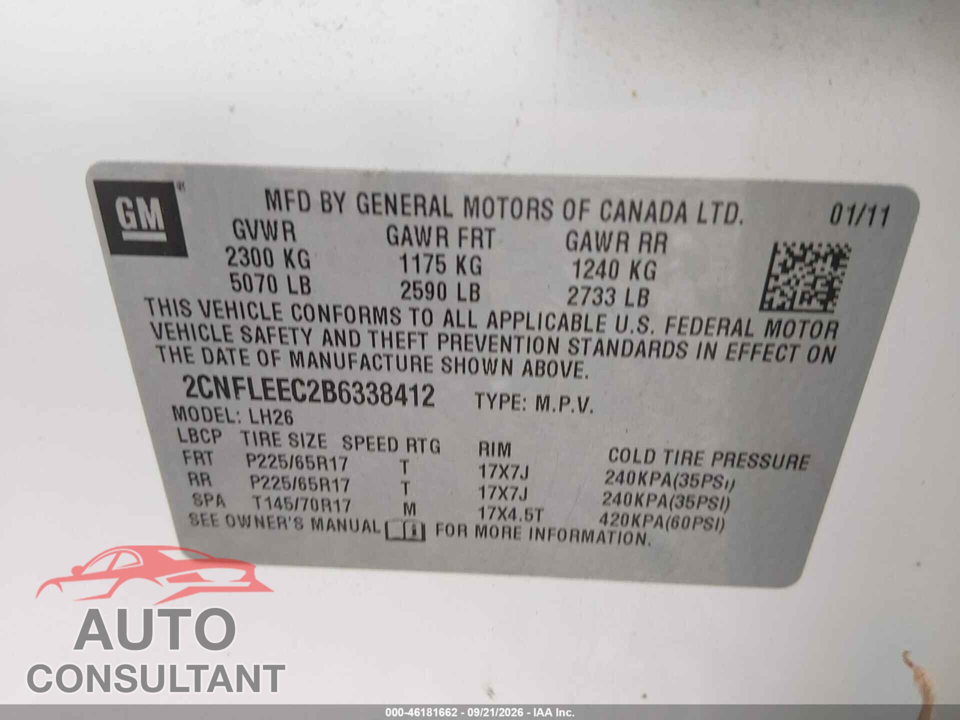CHEVROLET EQUINOX 2011 - 2CNFLEEC2B6338412