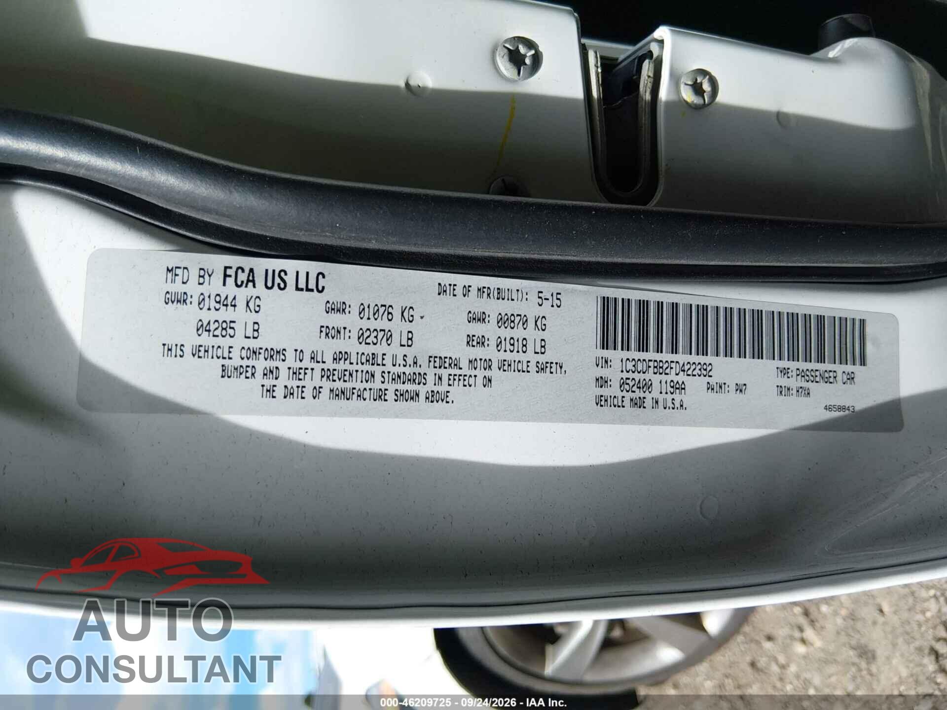 DODGE DART 2015 - 1C3CDFBB2FD422392