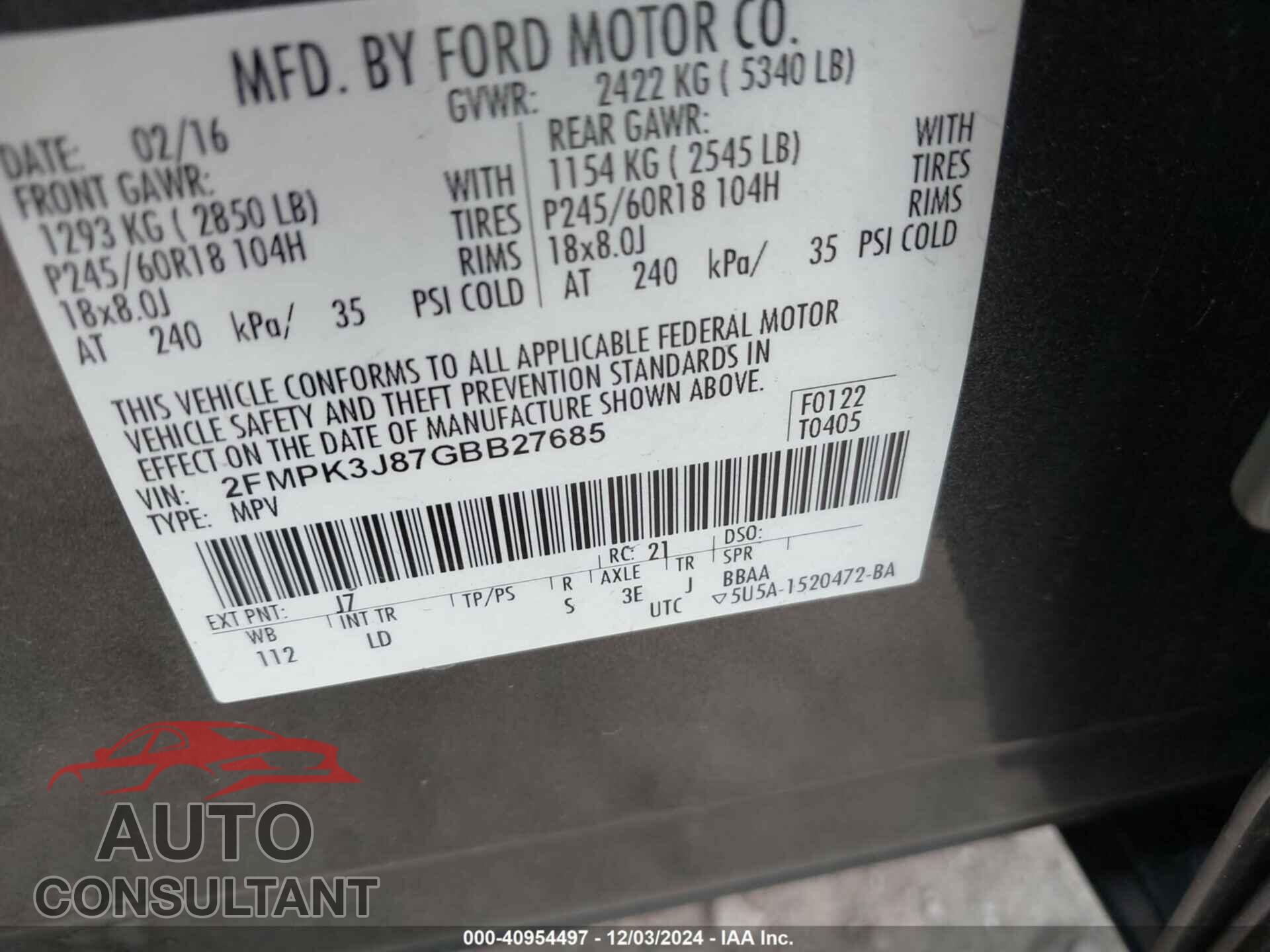 FORD EDGE 2016 - 2FMPK3J87GBB27685