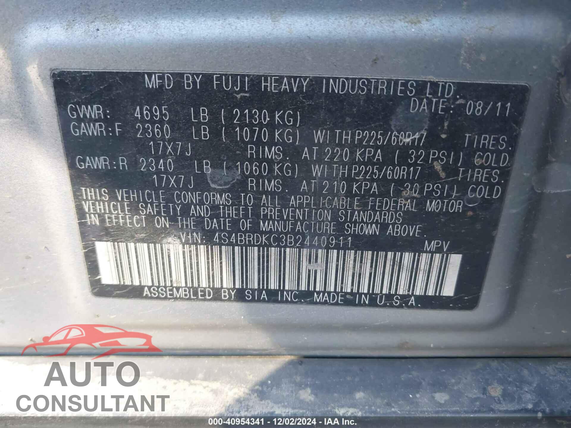 SUBARU OUTBACK 2011 - 4S4BRDKC3B2440911