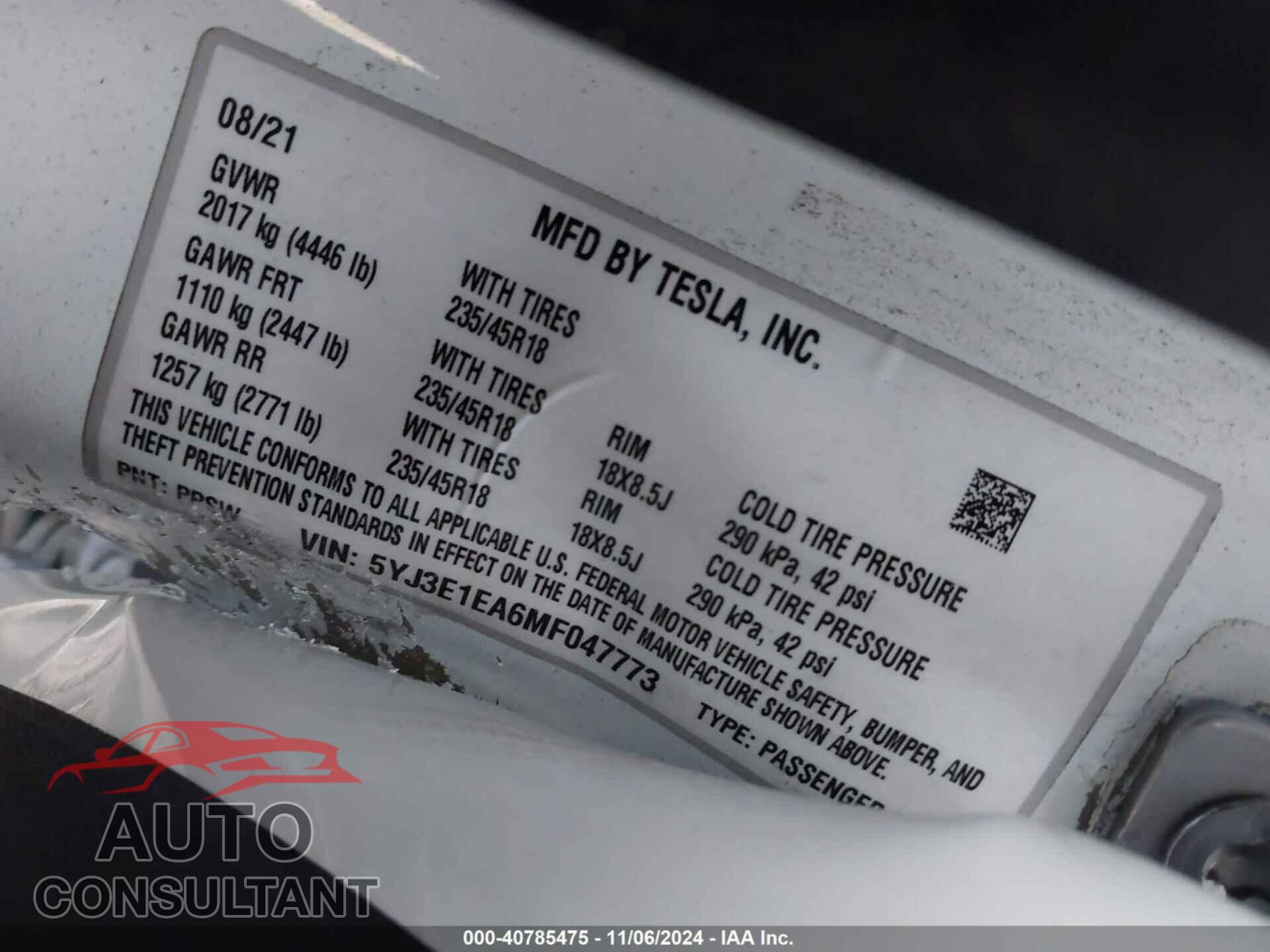 TESLA MODEL 3 2021 - 5YJ3E1EA6MF047773