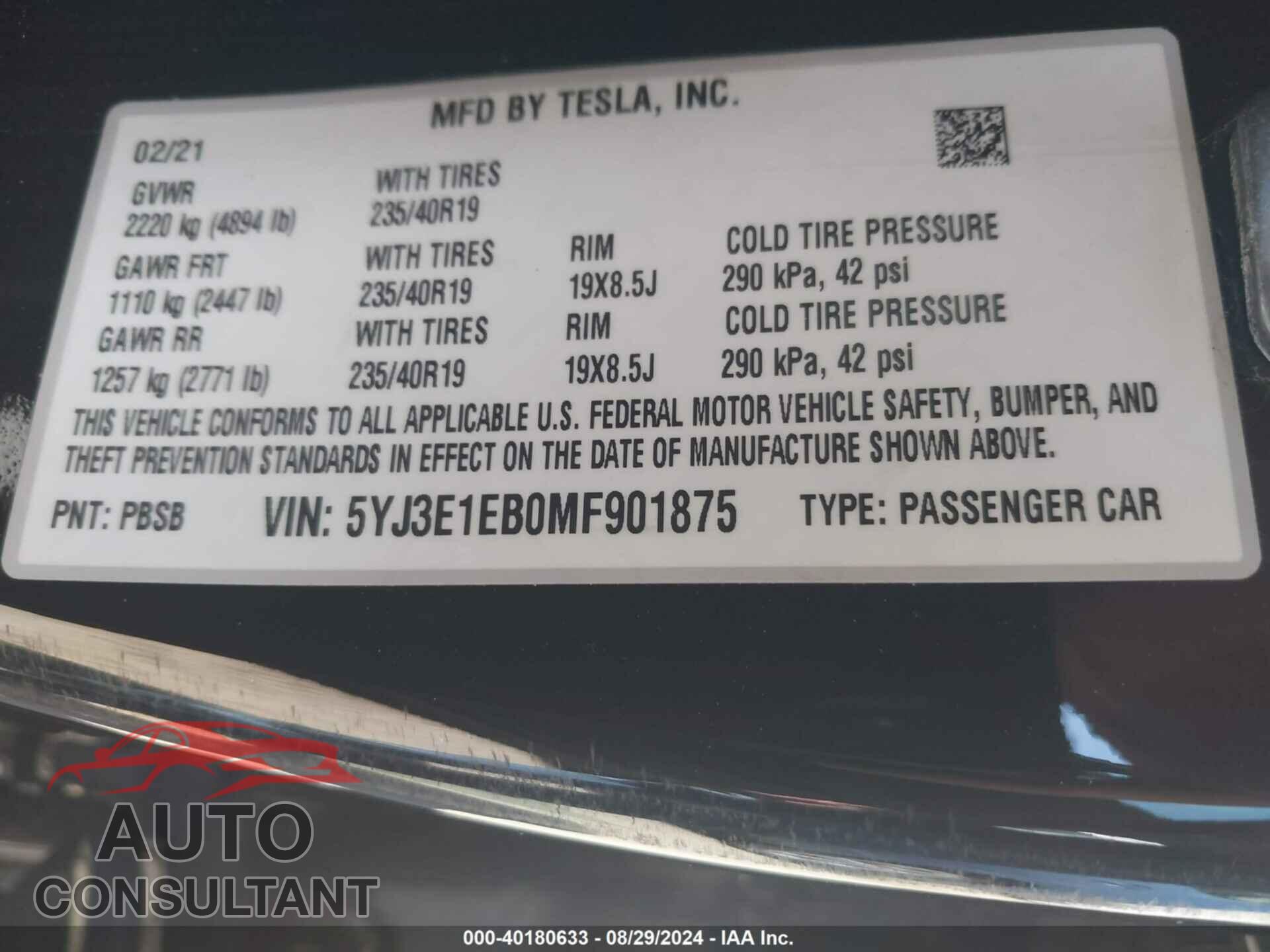 TESLA MODEL 3 2021 - 5YJ3E1EB0MF901875