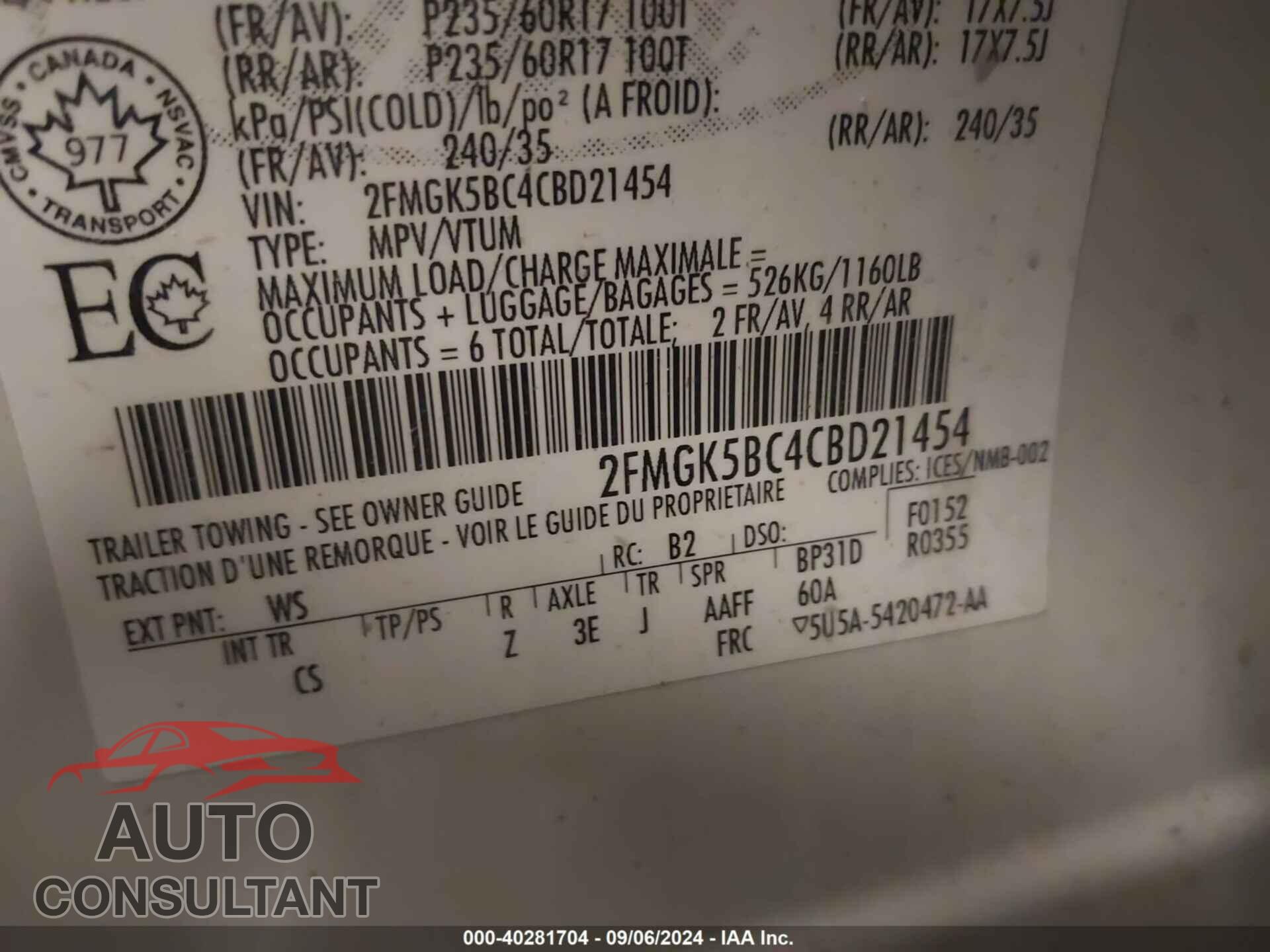 FORD FLEX 2012 - 2FMGK5BC4CBD21454