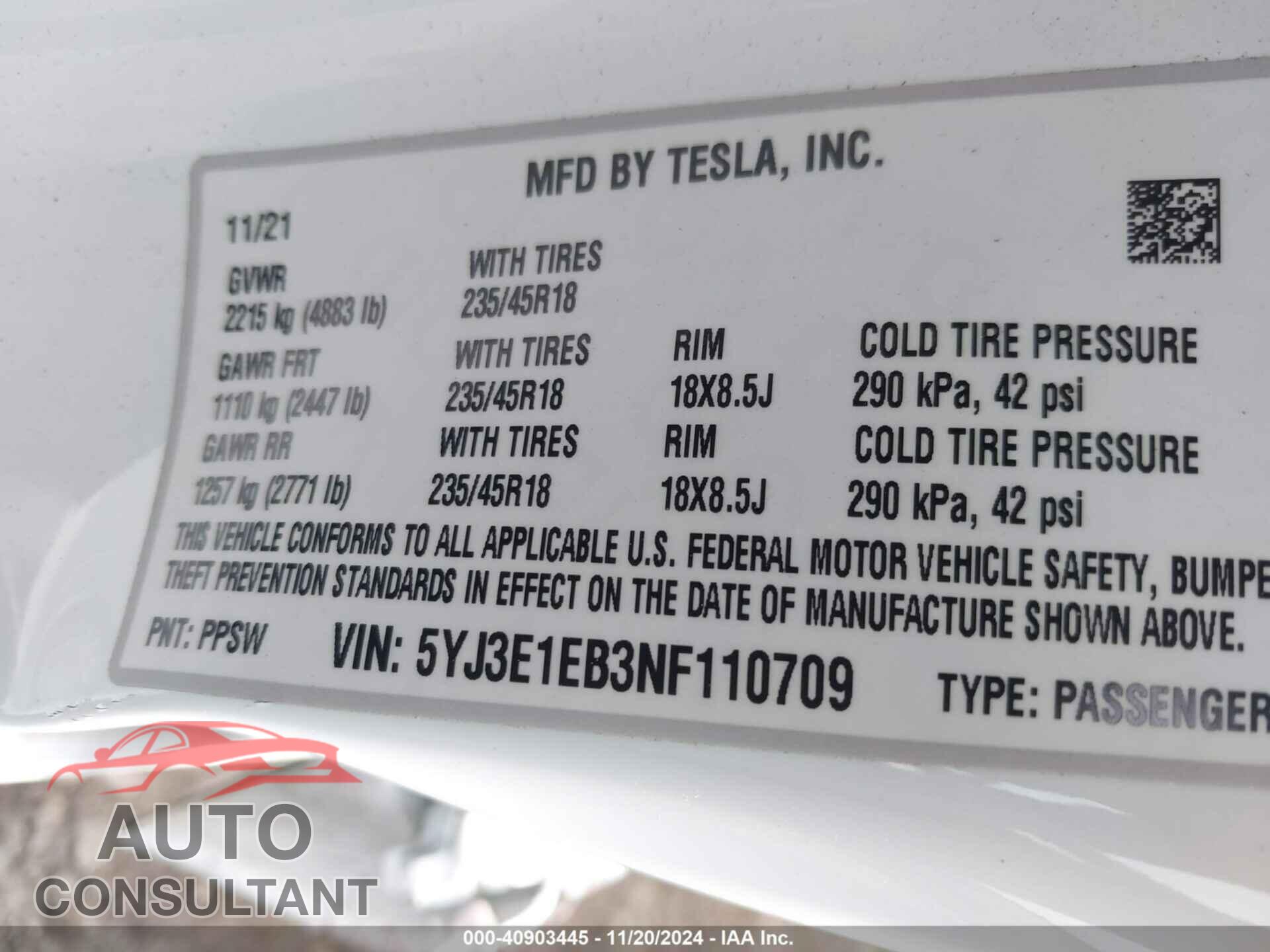 TESLA MODEL 3 2022 - 5YJ3E1EB3NF110709