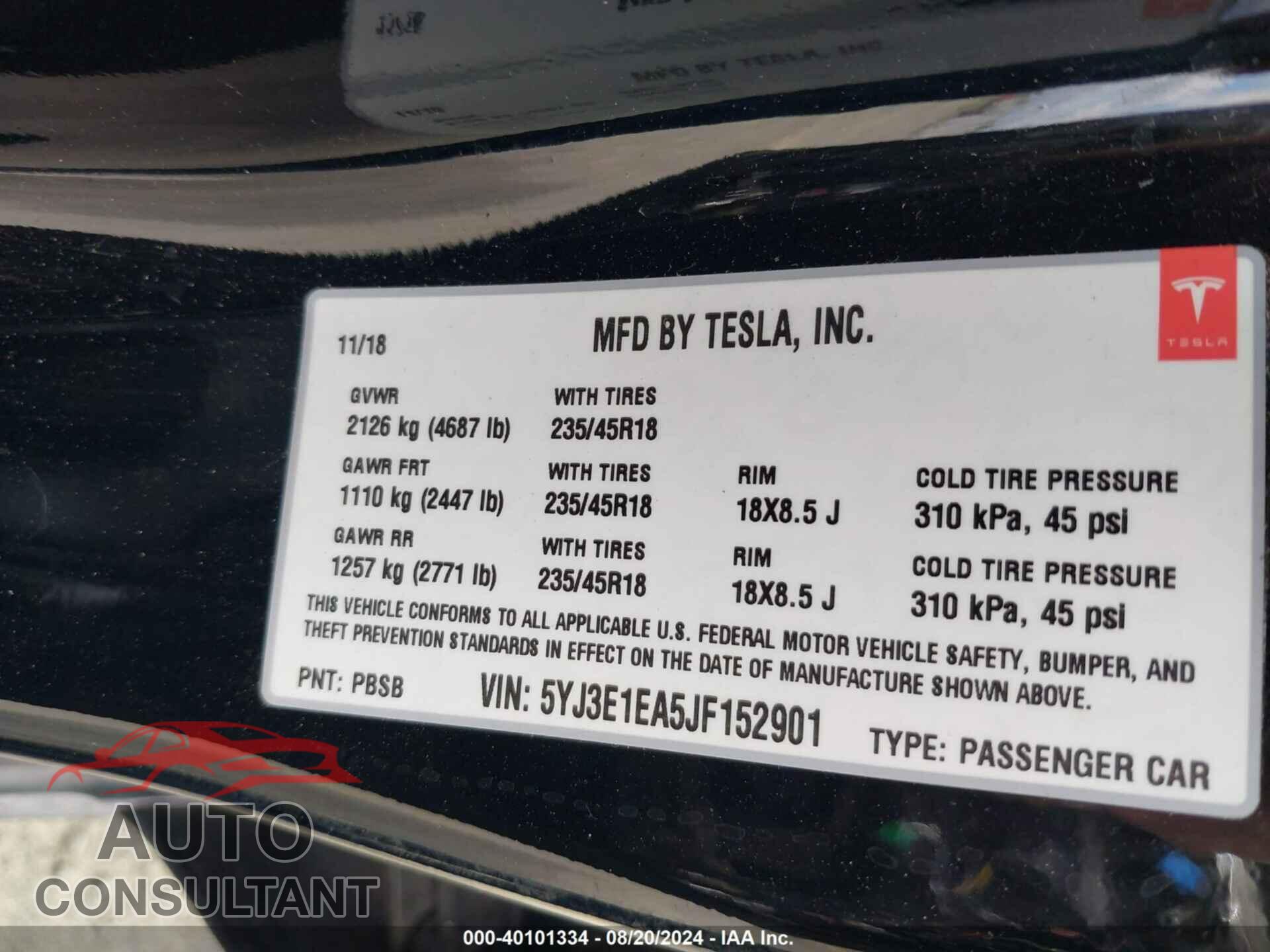 TESLA MODEL 3 2018 - 5YJ3E1EA5JF152901