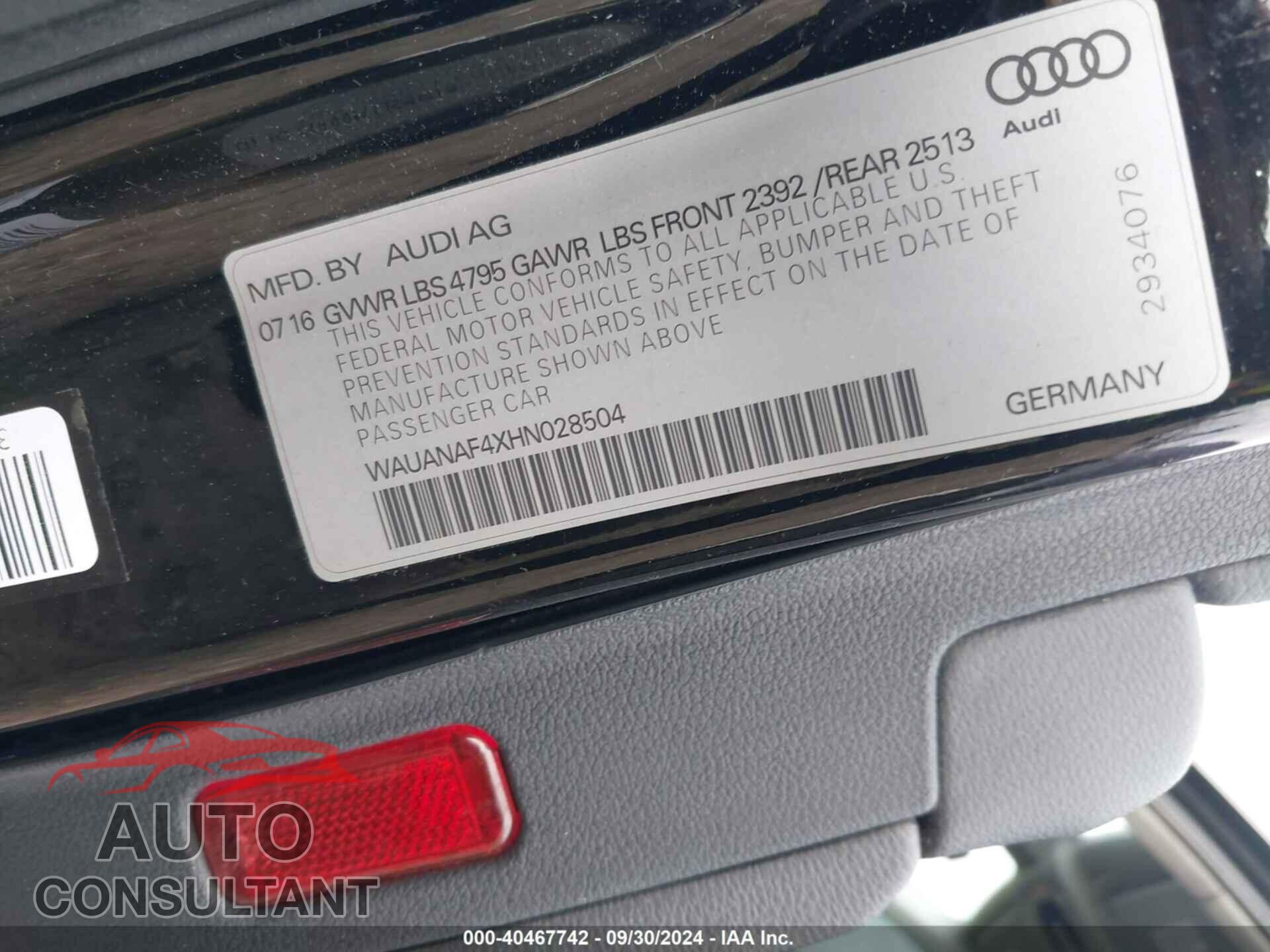 AUDI A4 2017 - WAUANAF4XHN028504