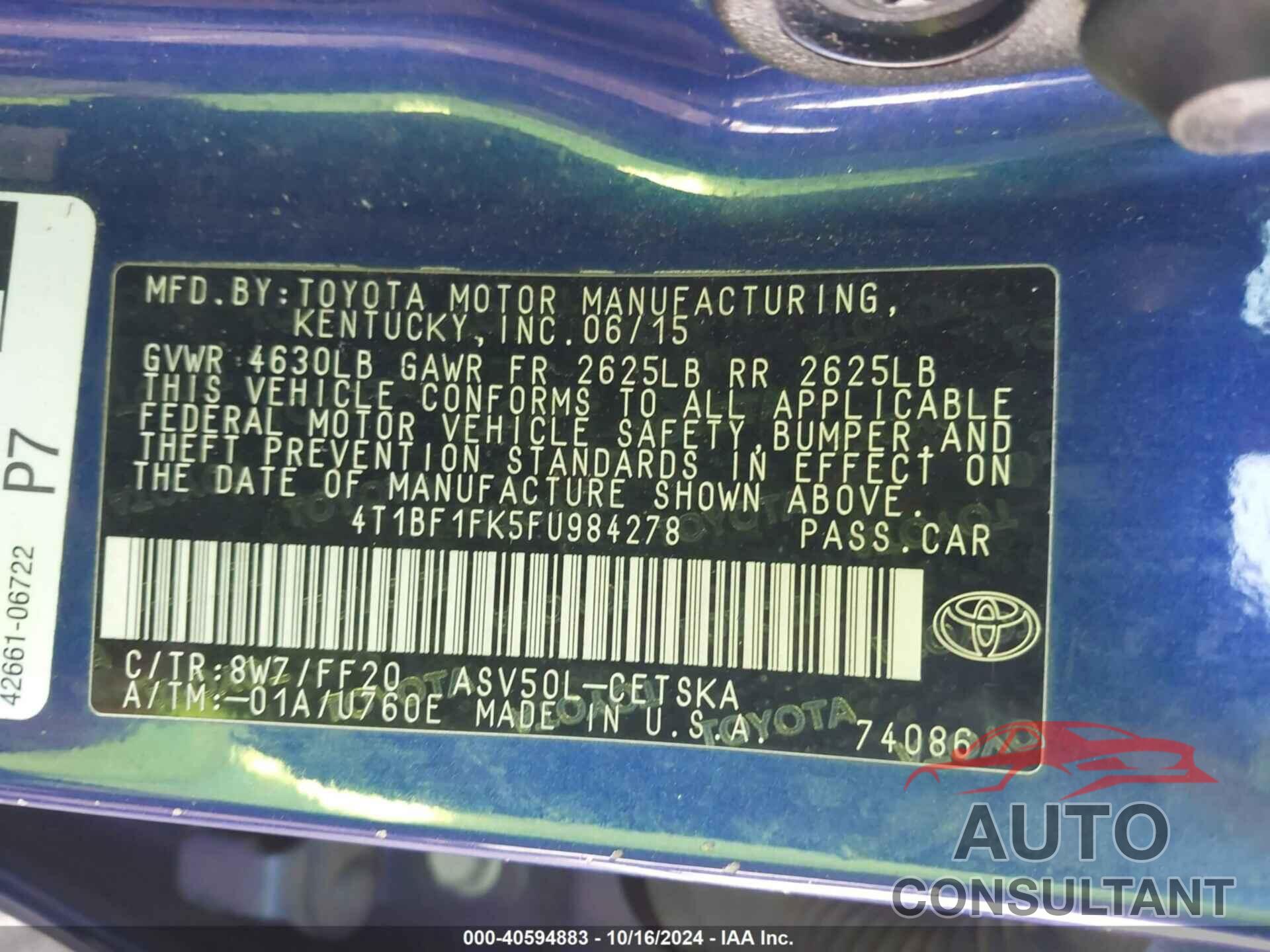 TOYOTA CAMRY 2015 - 4T1BF1FK5FU984278