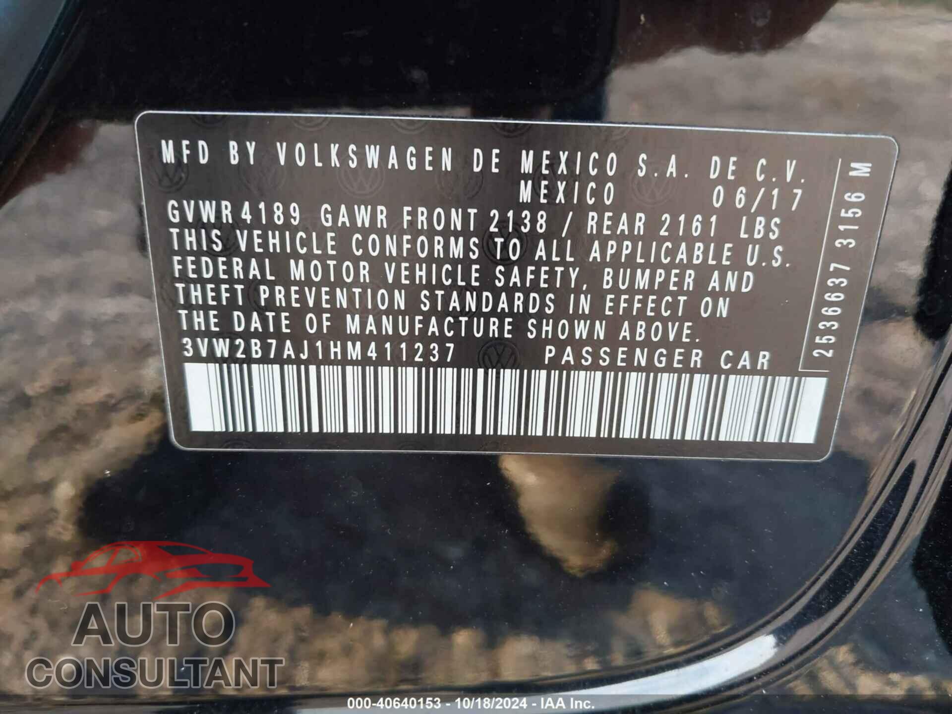 VOLKSWAGEN JETTA 2017 - 3VW2B7AJ1HM411237