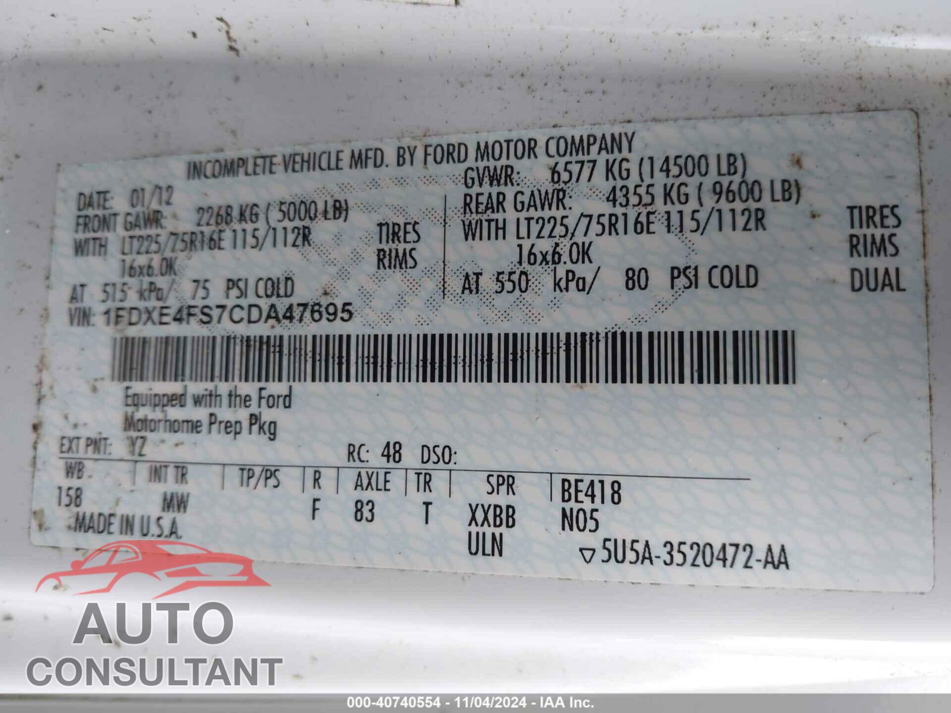 FORD E-450 CUTAWAY 2012 - 1FDXE4FS7CDA47695