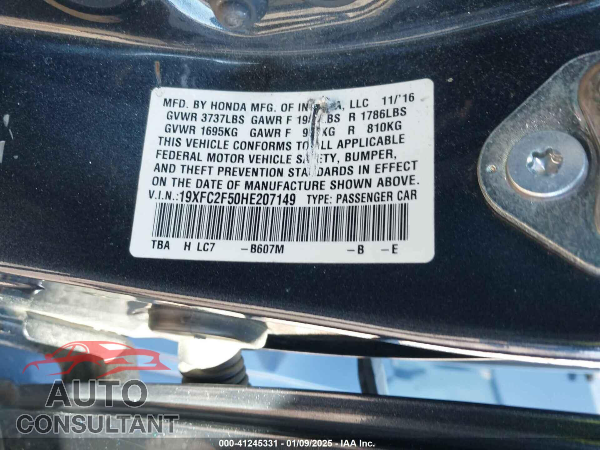 HONDA CIVIC 2017 - 19XFC2F50HE207149