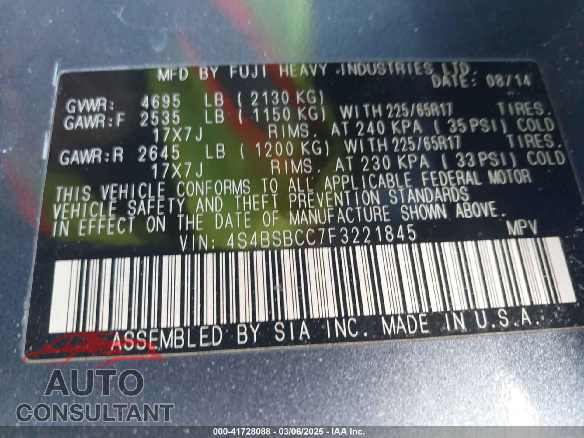 SUBARU OUTBACK 2015 - 4S4BSBCC7F3221845