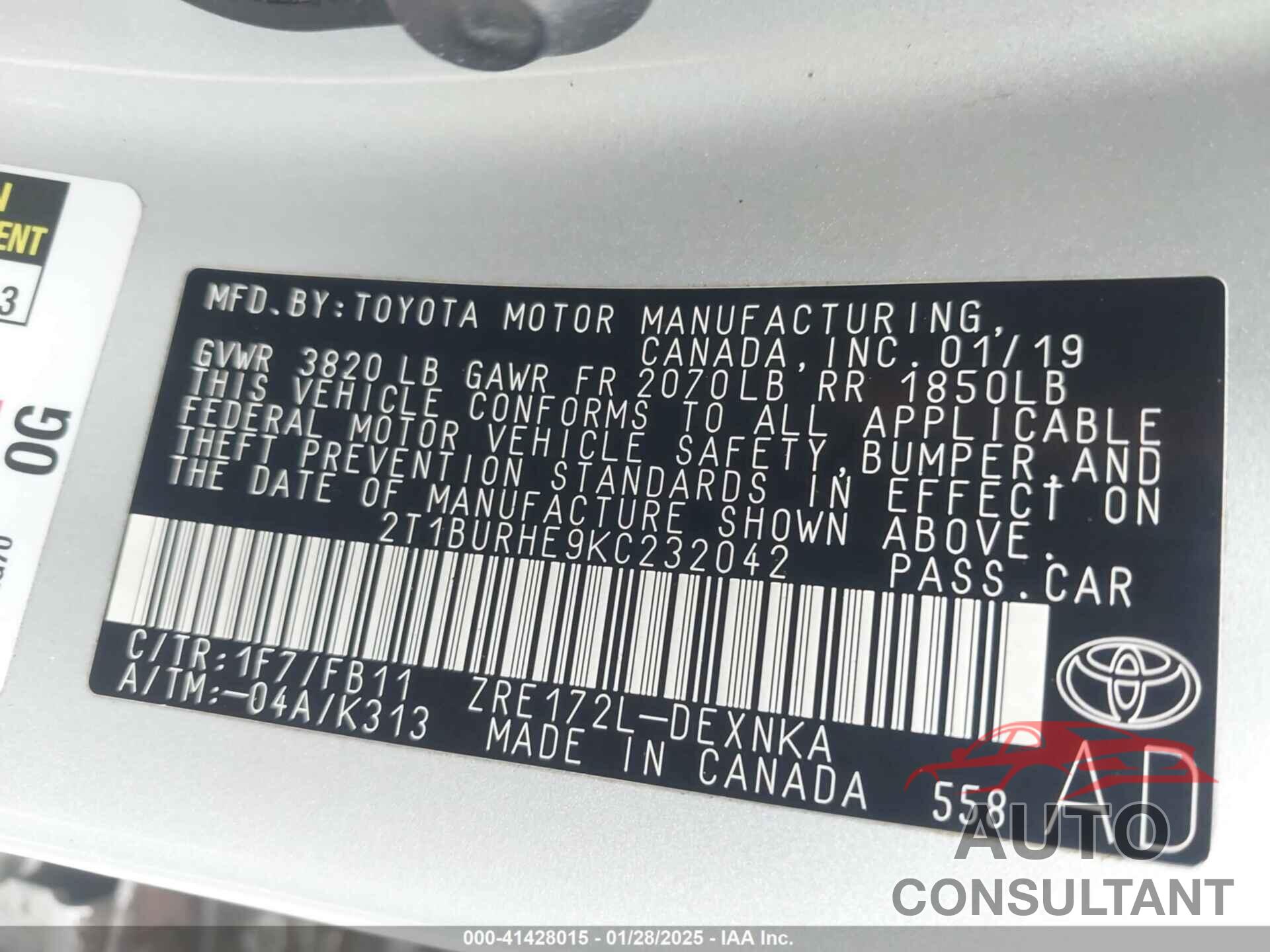 TOYOTA COROLLA 2019 - 2T1BURHE9KC232042