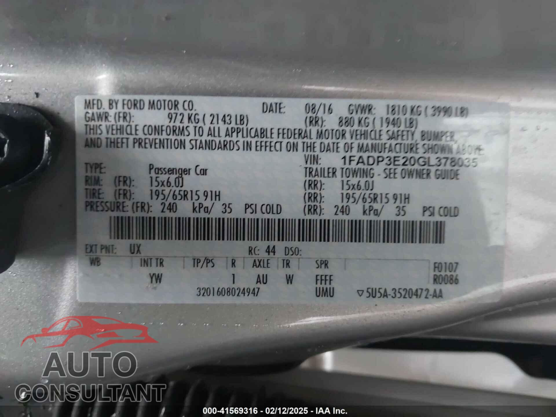 FORD FOCUS 2016 - 1FADP3E20GL378035