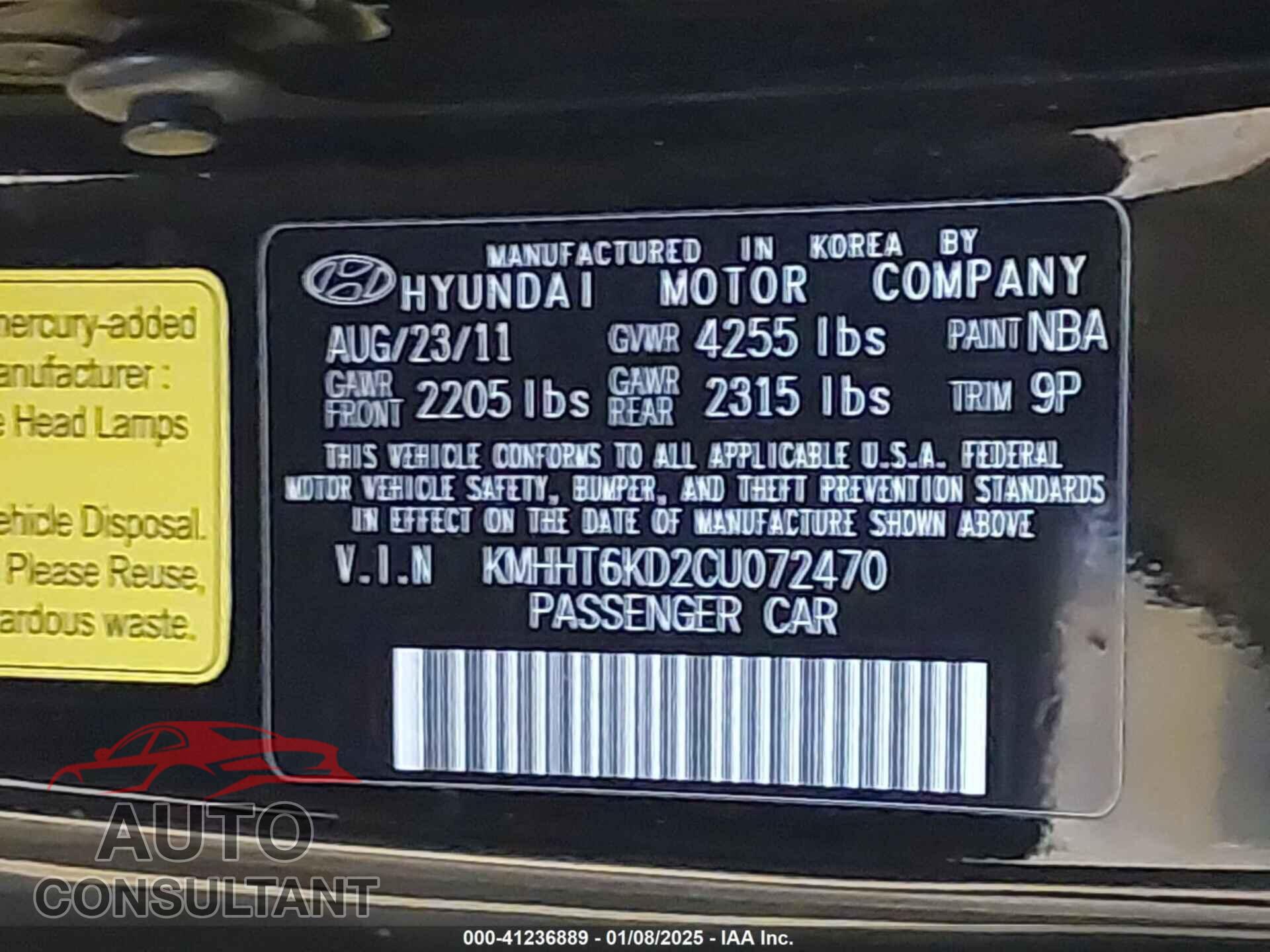 HYUNDAI GENESIS 2012 - KMHHT6KD2CU072470