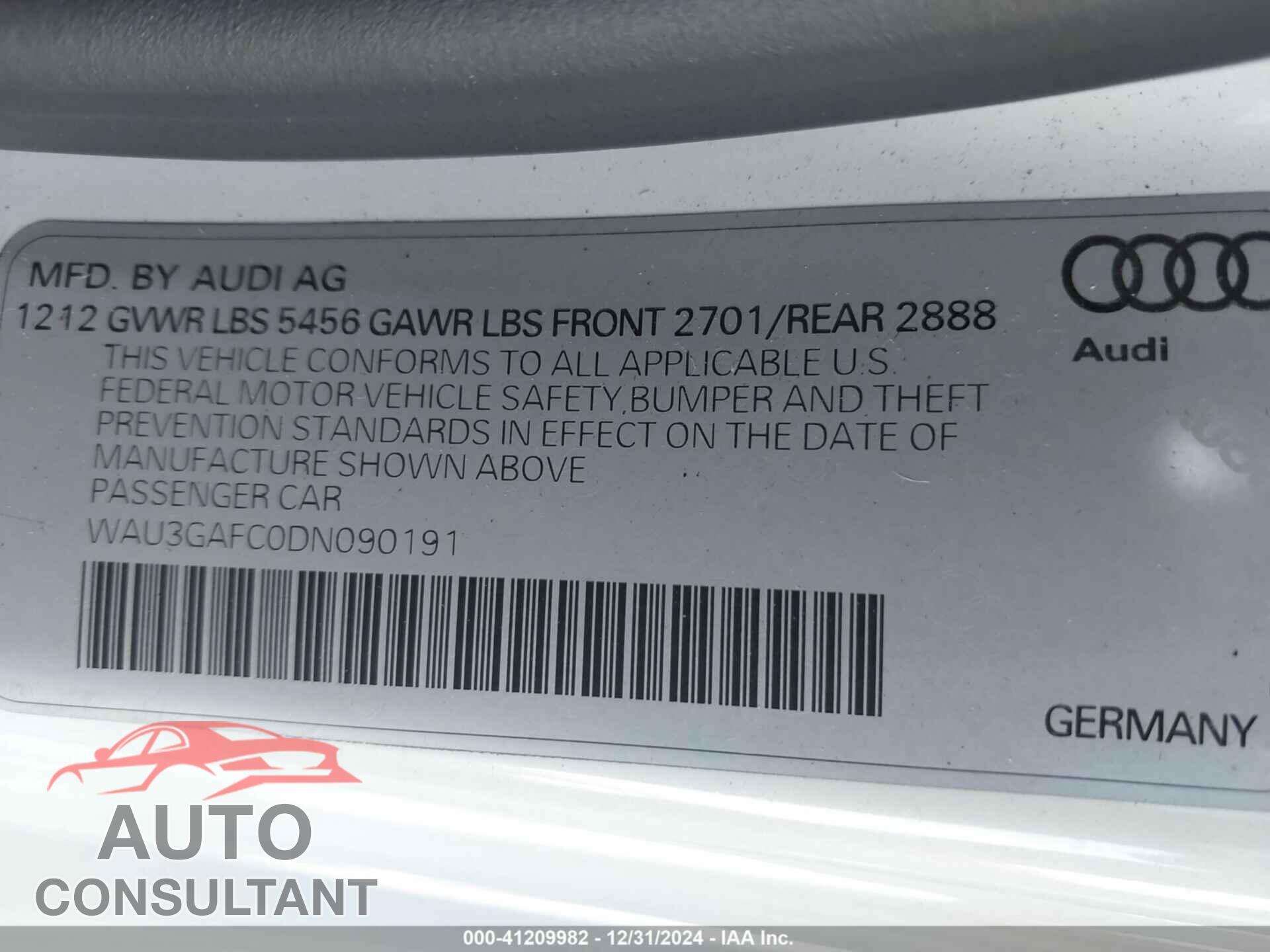 AUDI A7 2013 - WAU3GAFC0DN090191