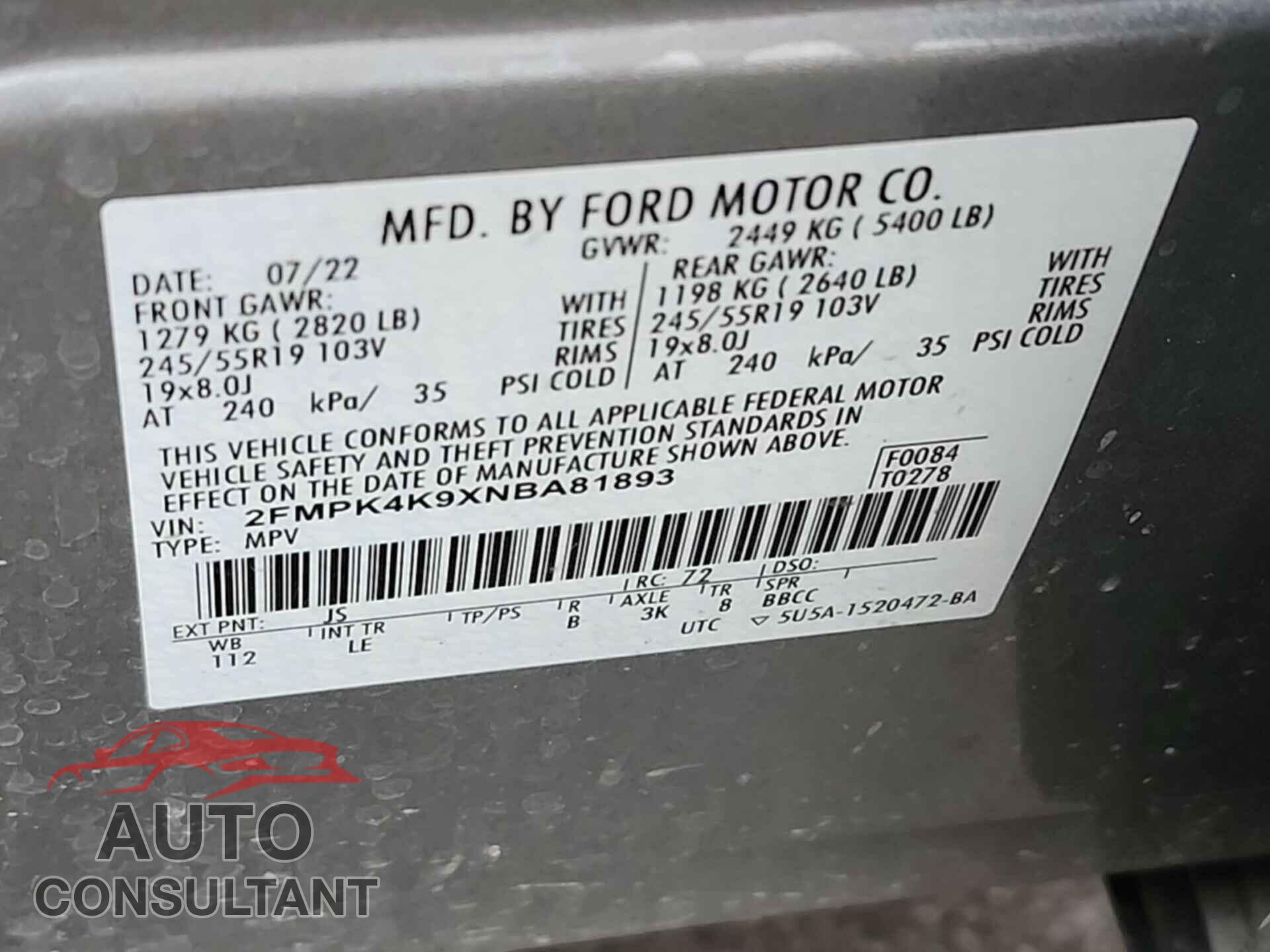 FORD EDGE 2022 - 2FMPK4K9XNBA81893